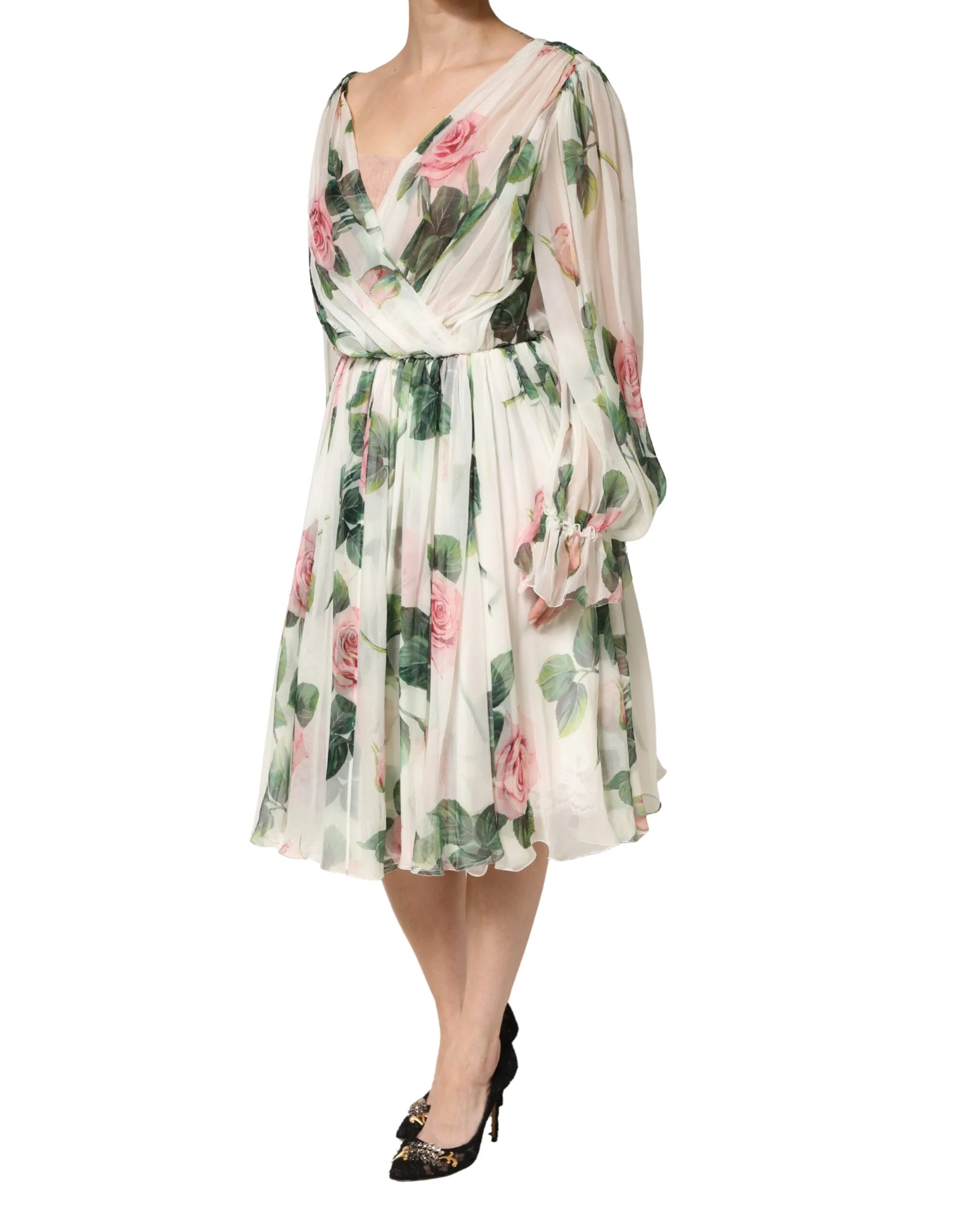 Dolce & Gabbana Floral Rose Ivory Silk Blend Longsleeve Dress - IT46|XL