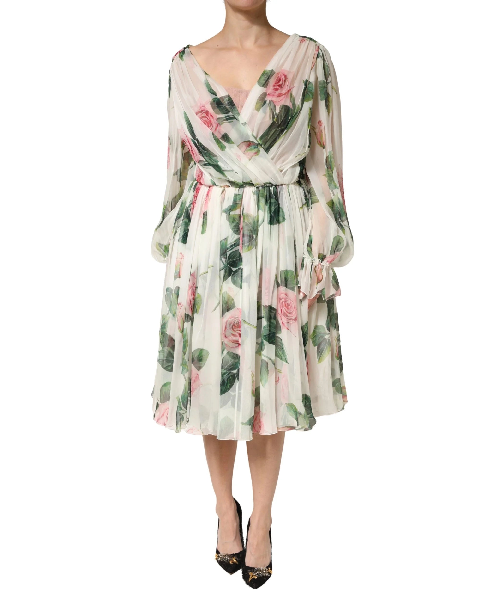 Dolce & Gabbana Floral Rose Ivory Silk Blend Longsleeve Dress - IT46|XL