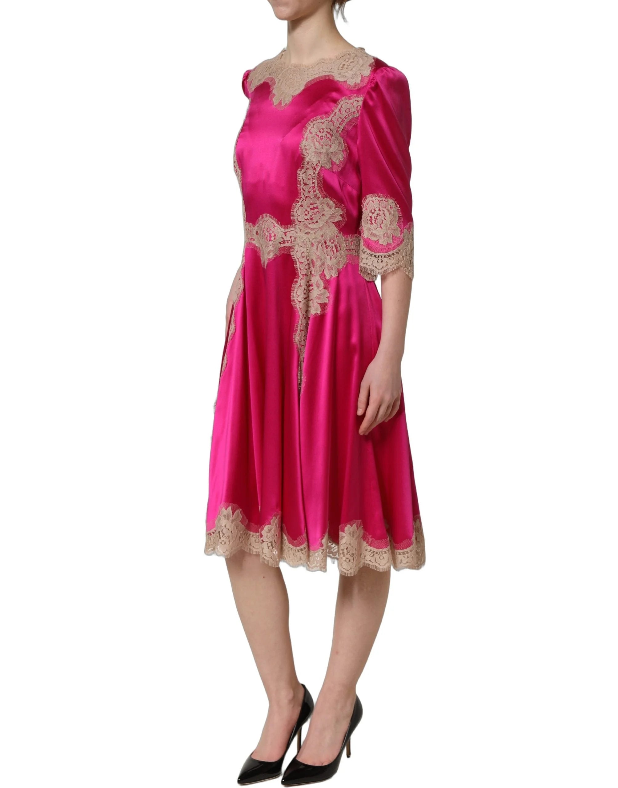 Dolce & Gabbana Fuchsia Pink Lace Detail A-line Midi Dress - IT40|S