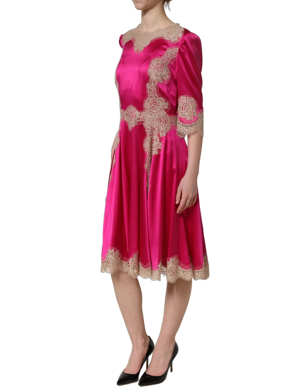 Dolce & Gabbana Fuchsia Pink Lace Detail A-line Midi Dress - IT40|S