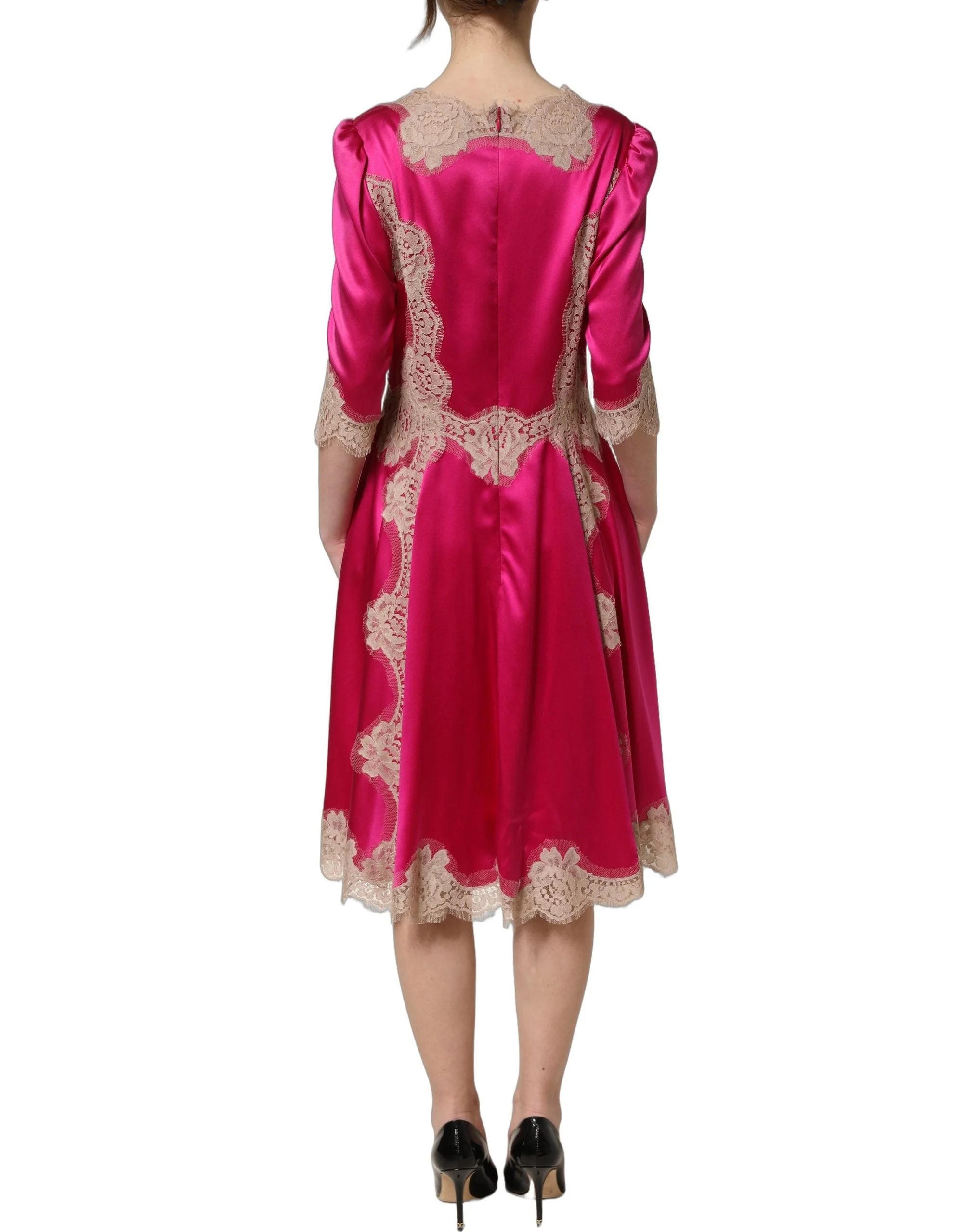 Dolce & Gabbana Fuchsia Pink Lace Detail A-line Midi Dress - IT40|S