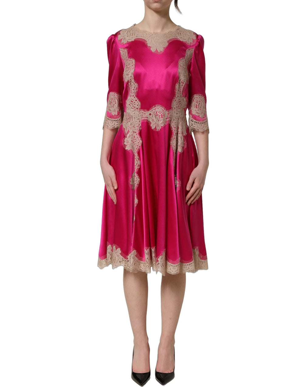 Dolce & Gabbana Fuchsia Pink Lace Detail A-line Midi Dress - IT40|S