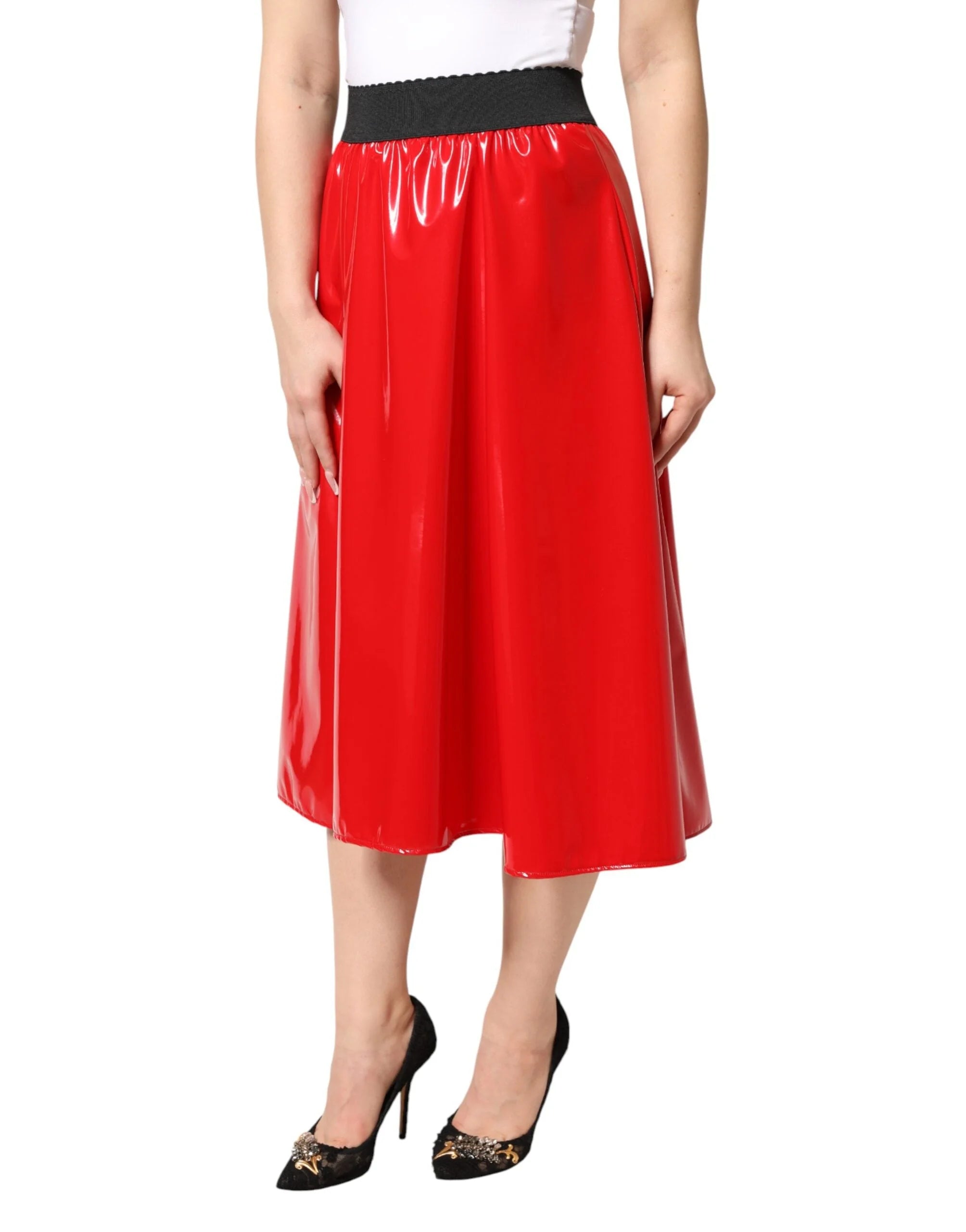 Dolce & Gabbana Glossy Red Polyester High Waist Midi Skirt - IT40|S
