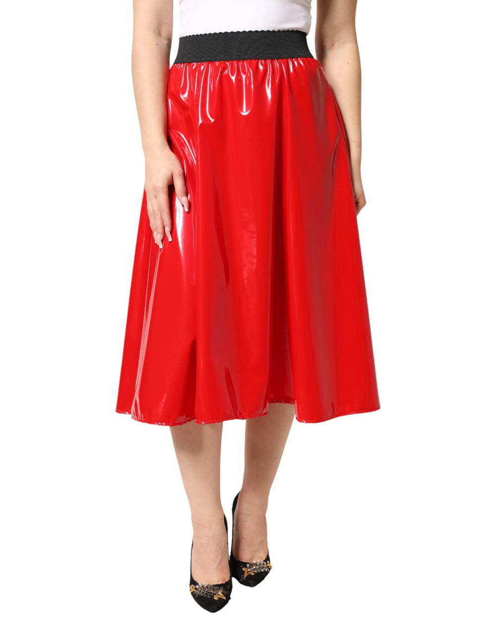 Dolce & Gabbana Glossy Red Polyester High Waist Midi Skirt - IT40|S