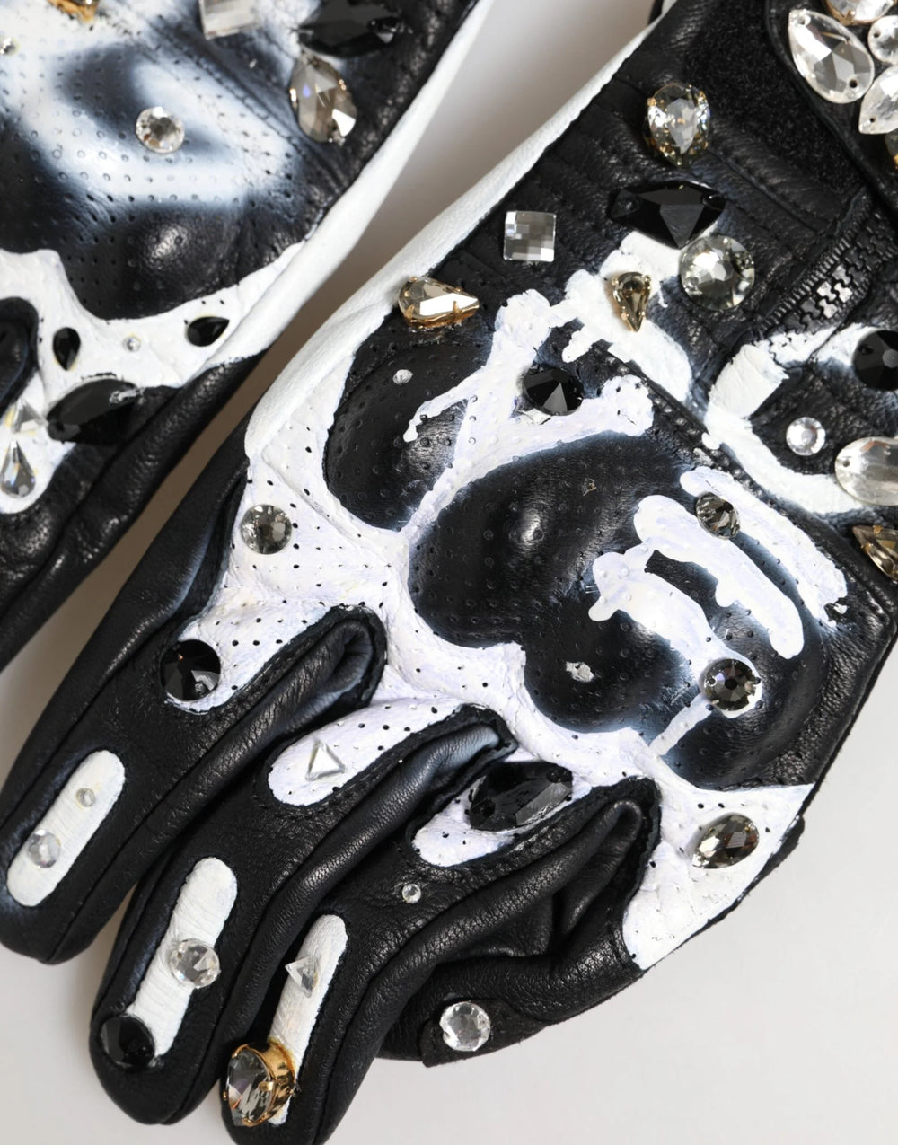 Dolce & Gabbana Gloves Black White Crystal Wrist Length Mitten Gloves - 7|S