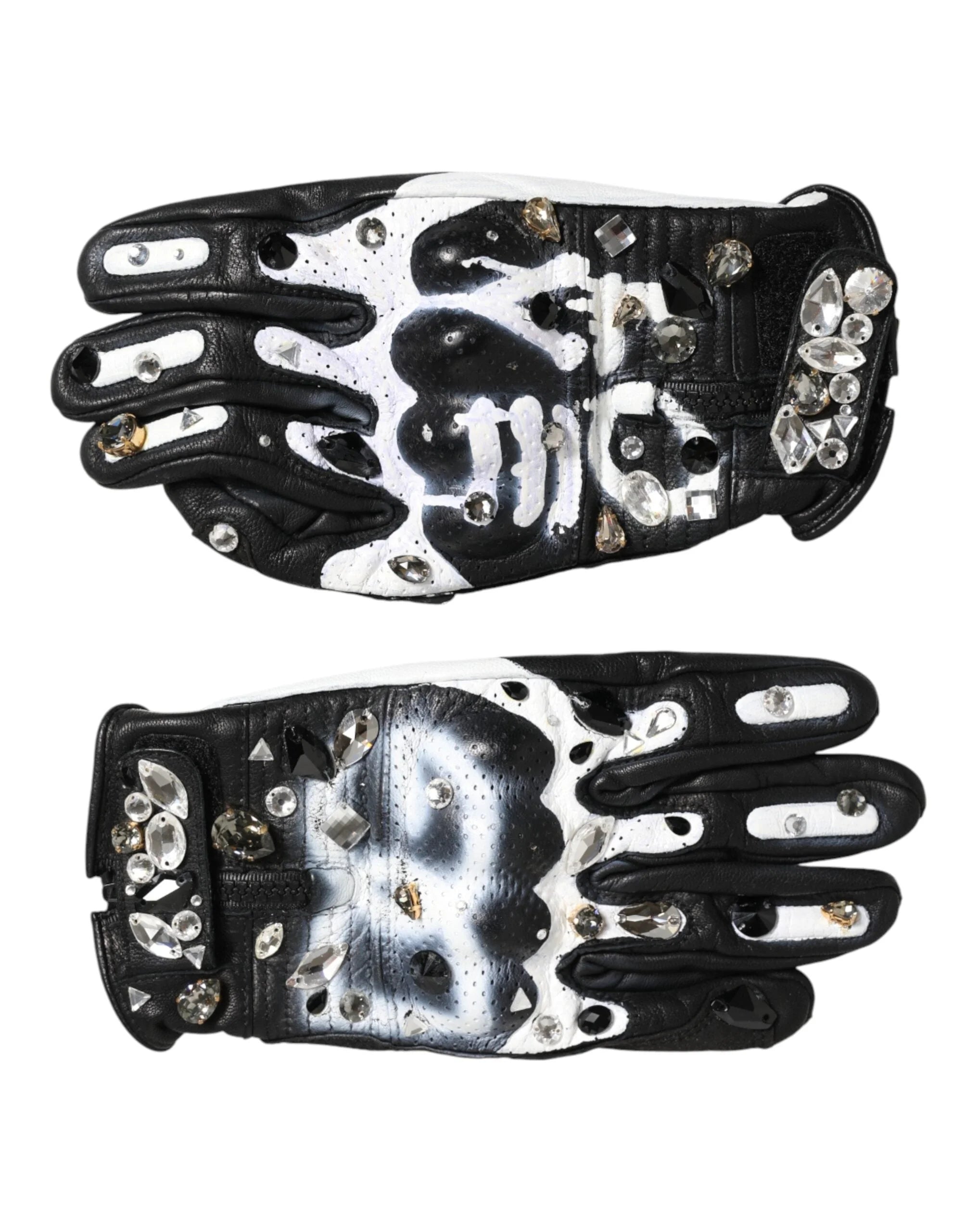 Dolce & Gabbana Gloves Black White Crystal Wrist Length Mitten Gloves - 7|S