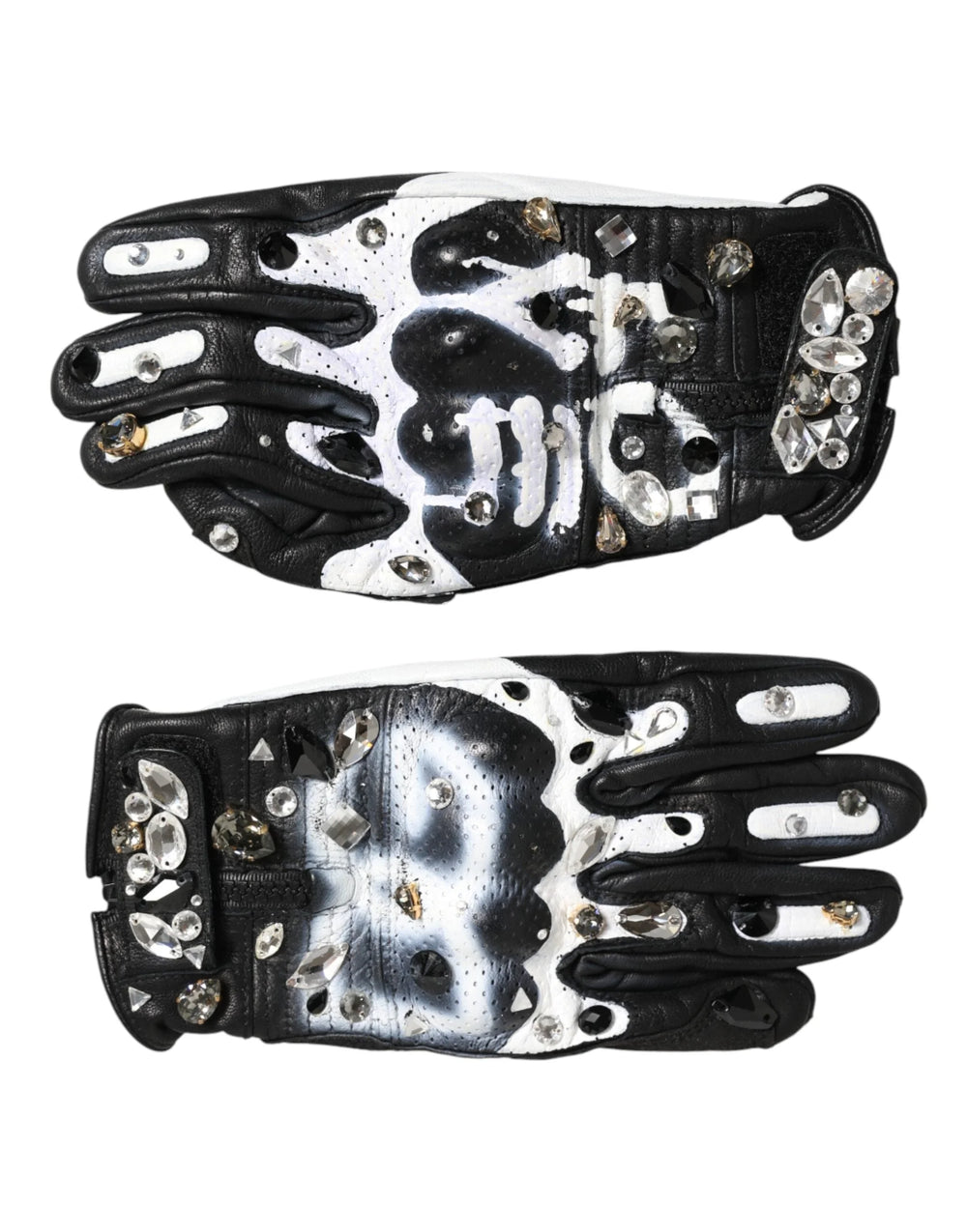 Dolce & Gabbana Gloves Black White Crystal Wrist Length Mitten Gloves - 7|S