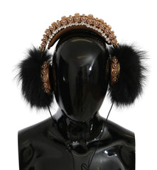 Dolce & Gabbana Gold Black Crystal Fur Headset Audio Headphones - Headsets