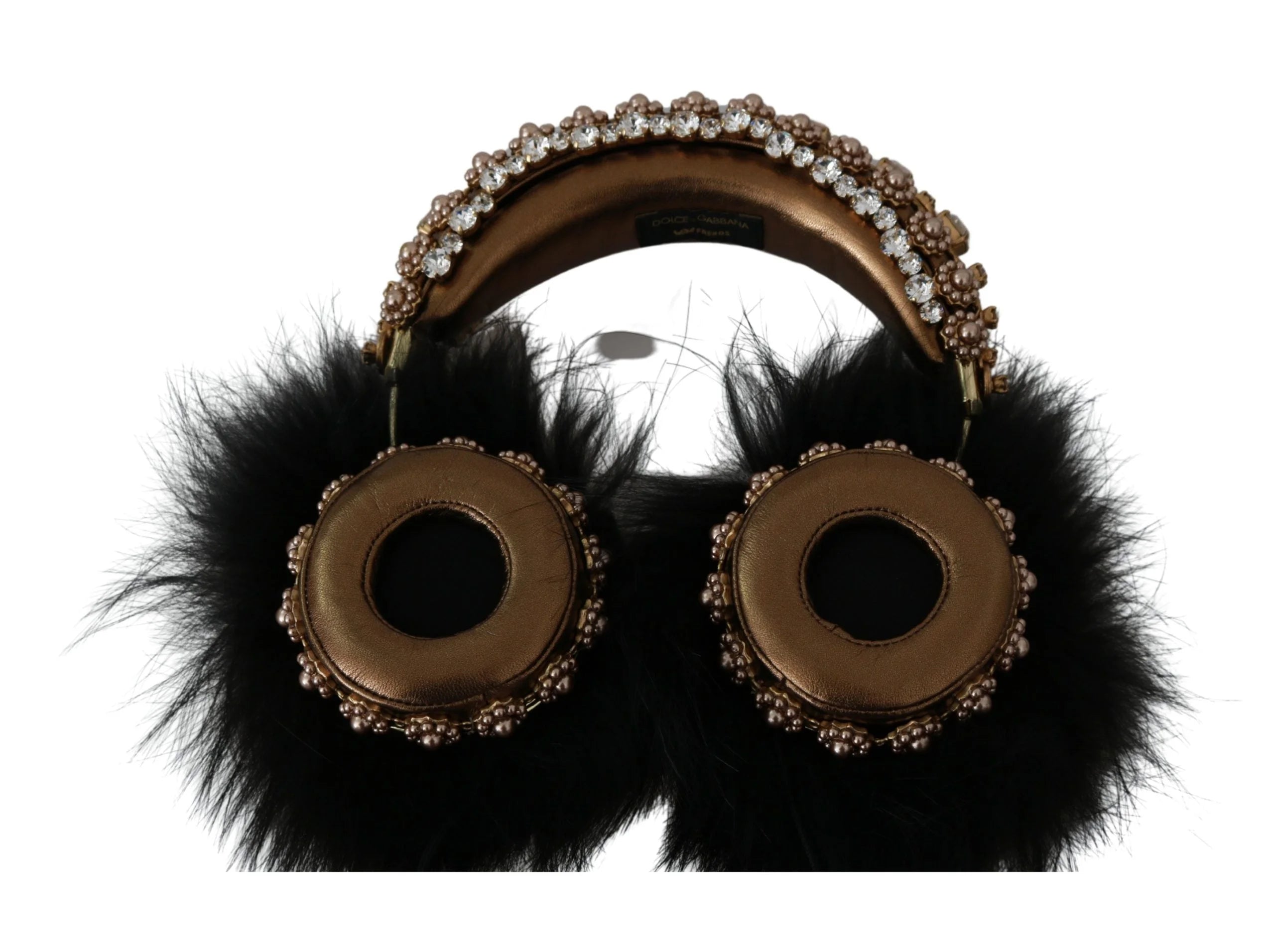 Dolce & Gabbana Gold Black Crystal Fur Headset Audio Headphones - Headsets