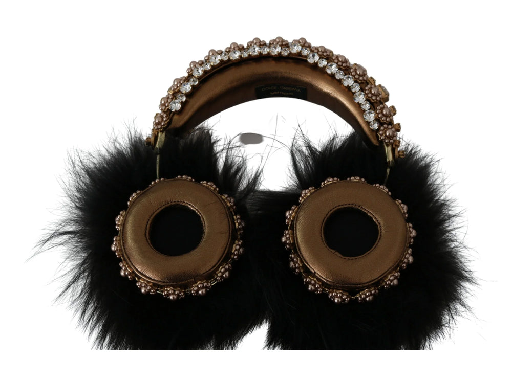 Dolce & Gabbana Gold Black Crystal Fur Headset Audio Headphones - Headsets