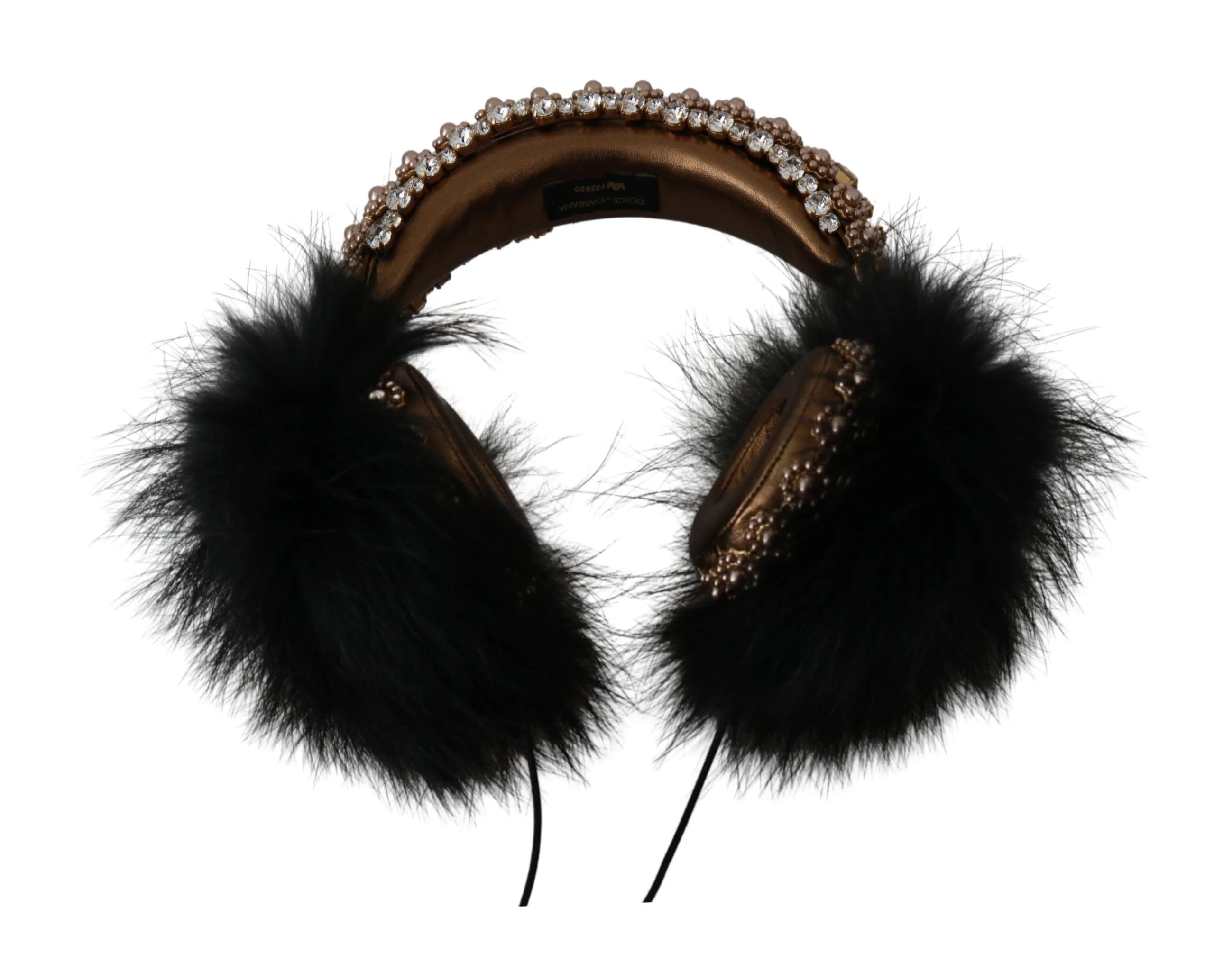 Dolce & Gabbana Gold Black Crystal Fur Headset Audio Headphones - Headsets