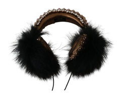 Dolce & Gabbana Gold Black Crystal Fur Headset Audio Headphones - Headsets