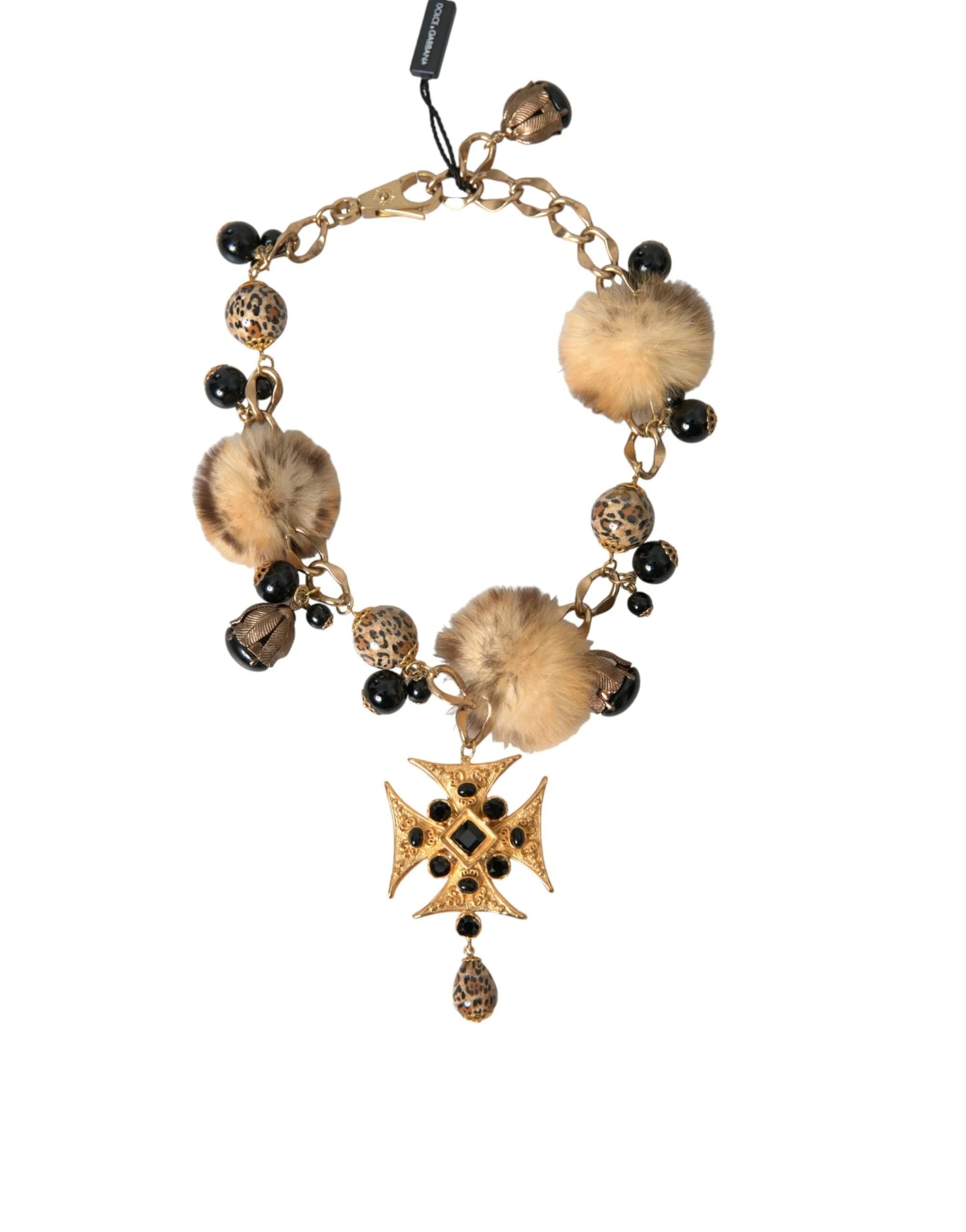 Dolce & Gabbana Gold Black Crystals Lapin Fur Filigree Chocker Necklace - Necklaces