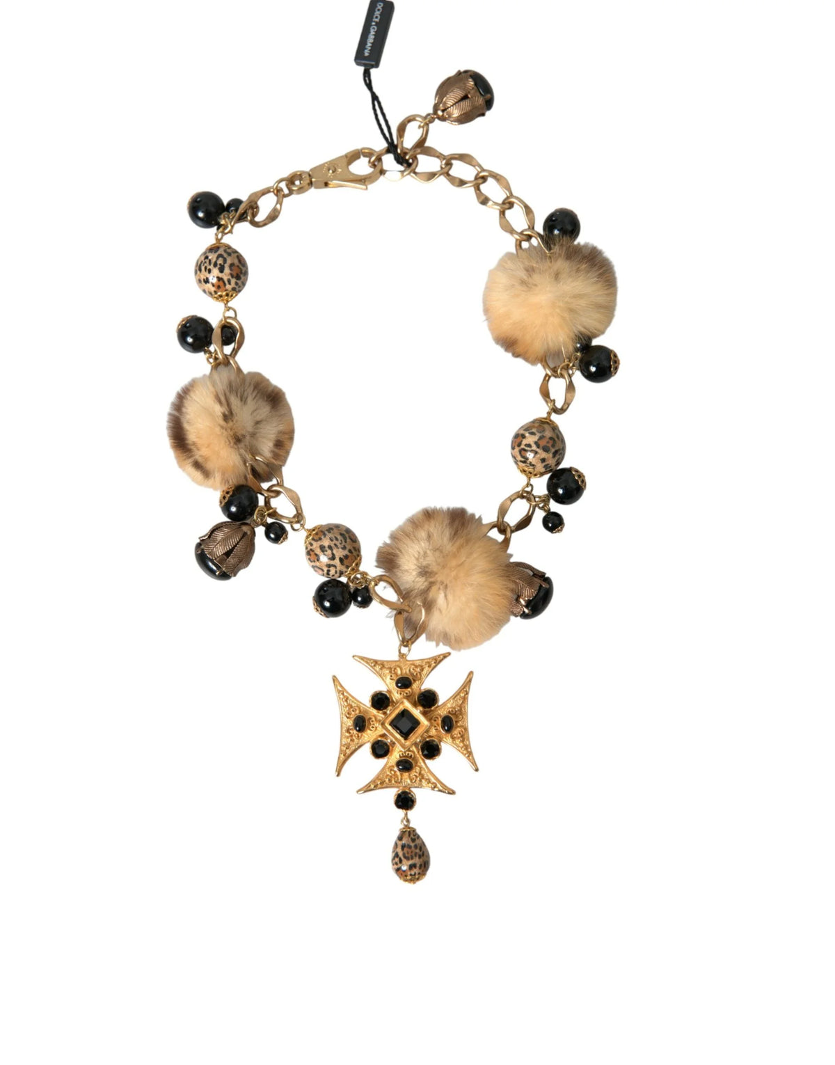 Dolce & Gabbana Gold Black Crystals Lapin Fur Filigree Chocker Necklace - Necklaces
