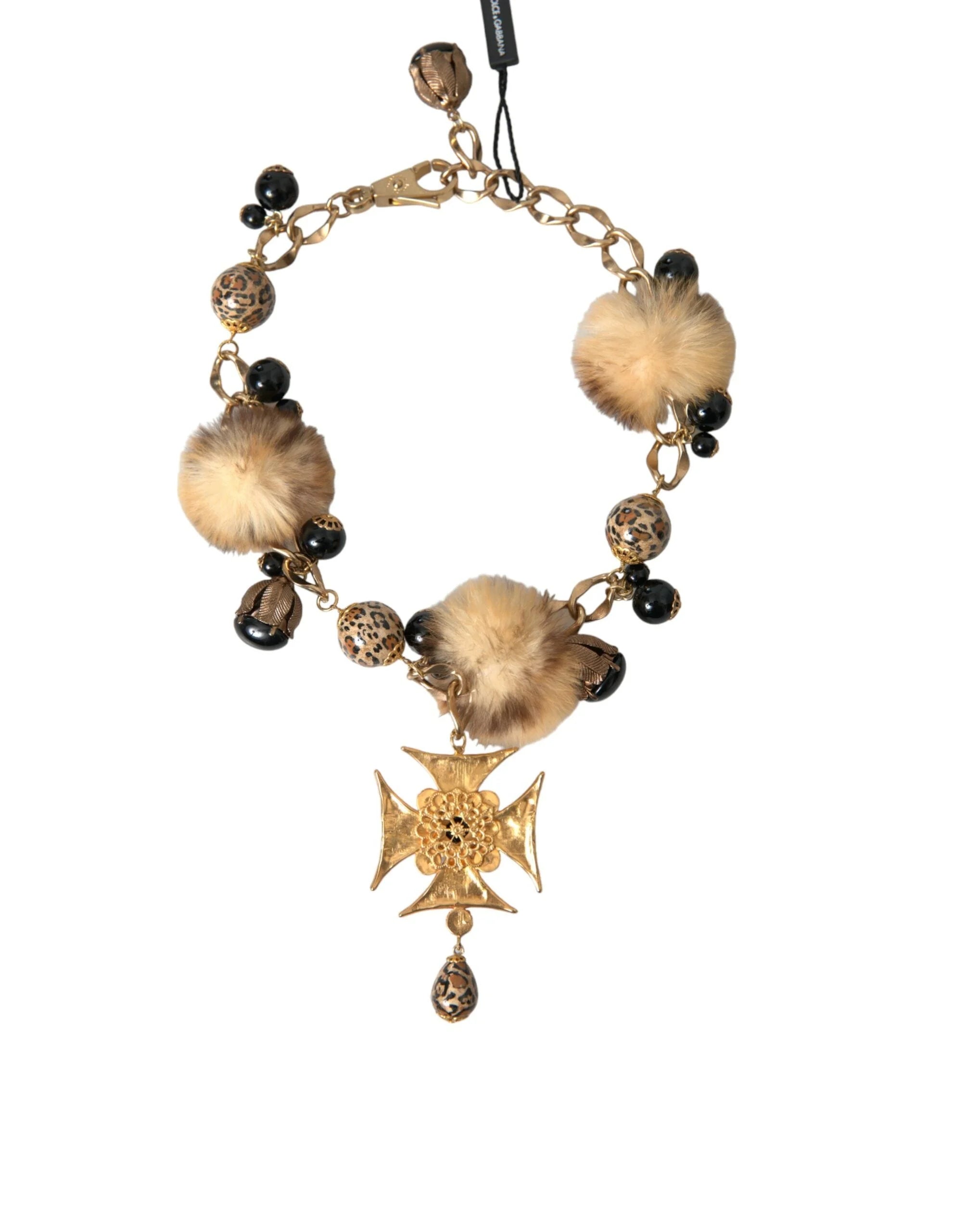 Dolce & Gabbana Gold Black Crystals Lapin Fur Filigree Chocker Necklace - Necklaces