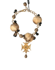 Dolce & Gabbana Gold Black Crystals Lapin Fur Filigree Chocker Necklace - Necklaces