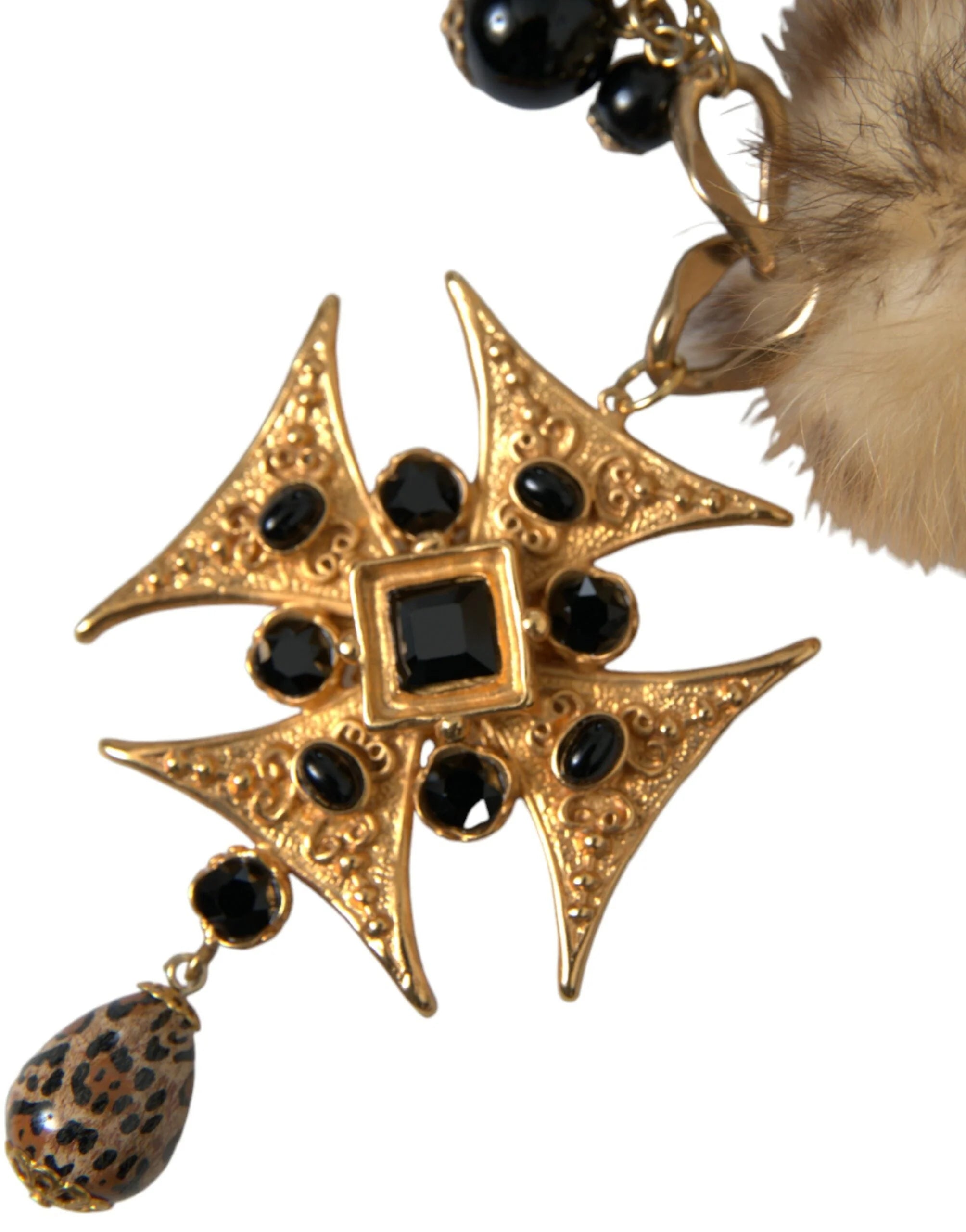 Dolce & Gabbana Gold Black Crystals Lapin Fur Filigree Chocker Necklace - Necklaces