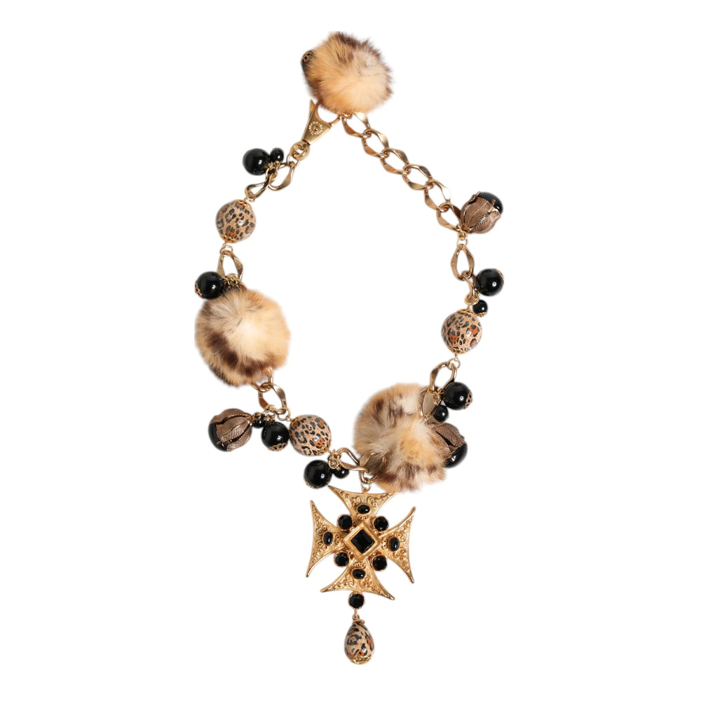 Dolce & Gabbana Gold Black Crystals Lapin Fur Filigree Choker Necklace - Necklaces