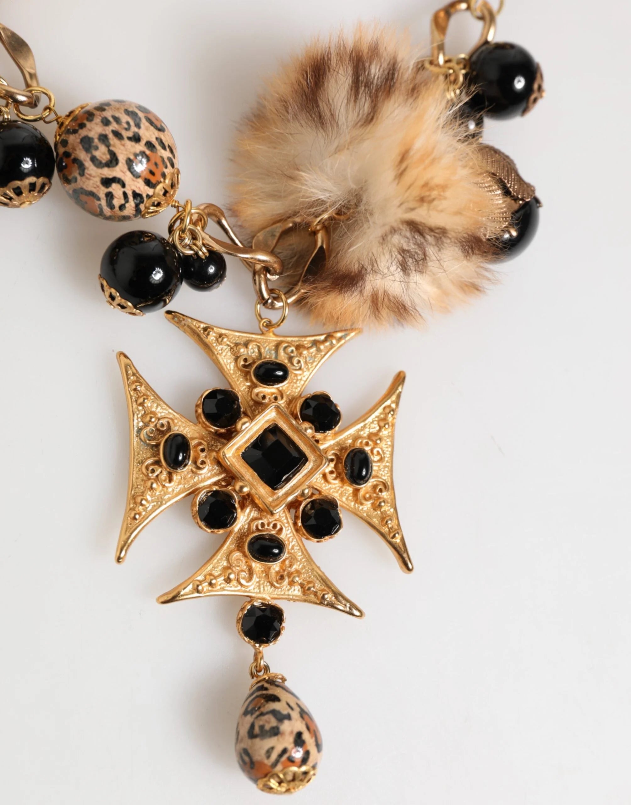Dolce & Gabbana Gold Black Crystals Lapin Fur Filigree Choker Necklace - Necklaces