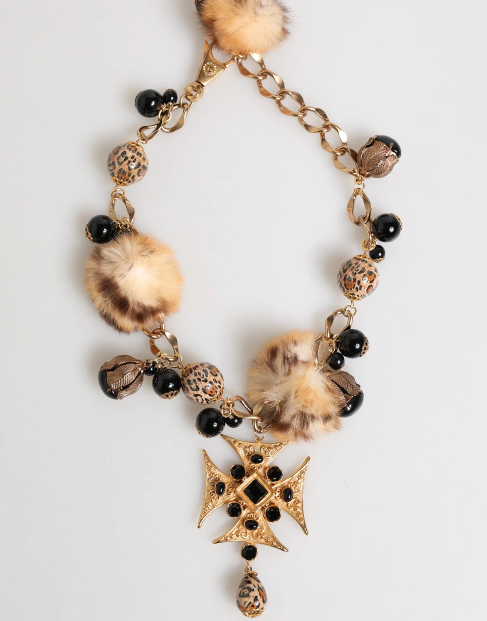 Dolce & Gabbana Gold Black Crystals Lapin Fur Filigree Choker Necklace - Necklaces