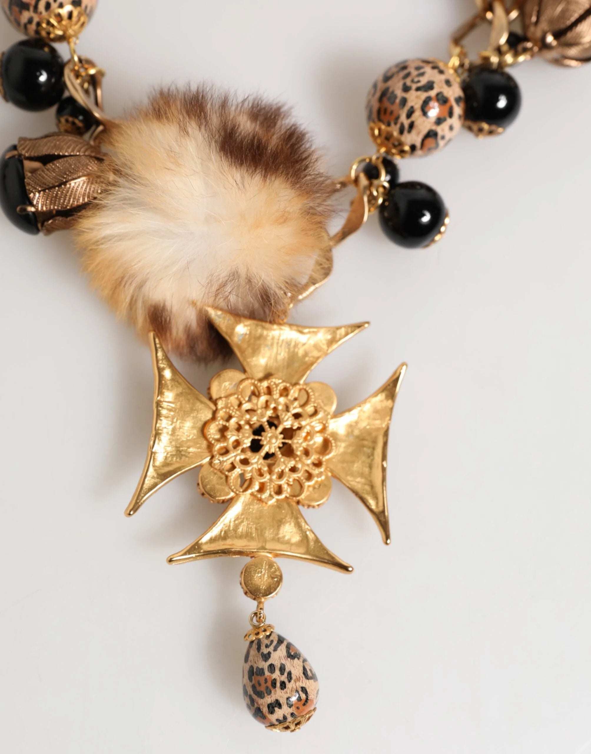 Dolce & Gabbana Gold Black Crystals Lapin Fur Filigree Choker Necklace - Necklaces