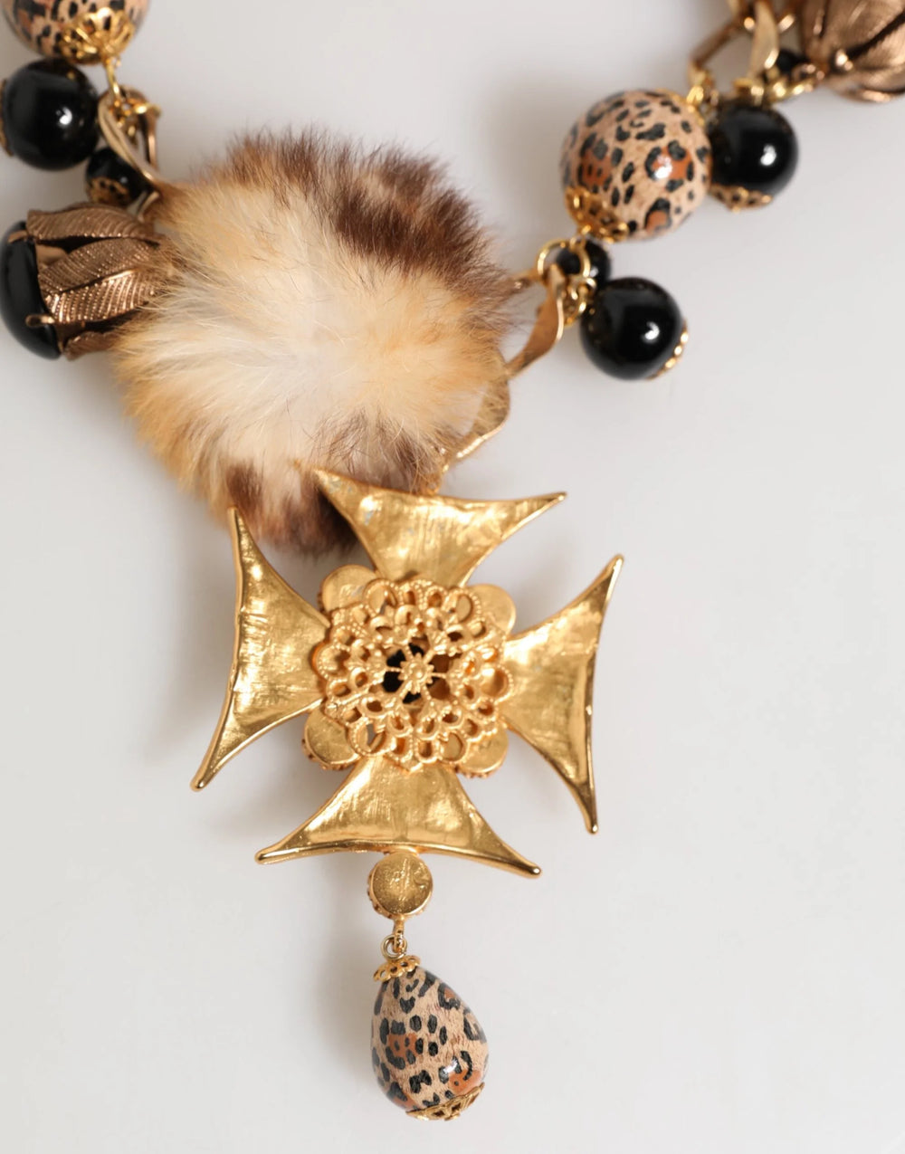 Dolce & Gabbana Gold Black Crystals Lapin Fur Filigree Choker Necklace - Necklaces
