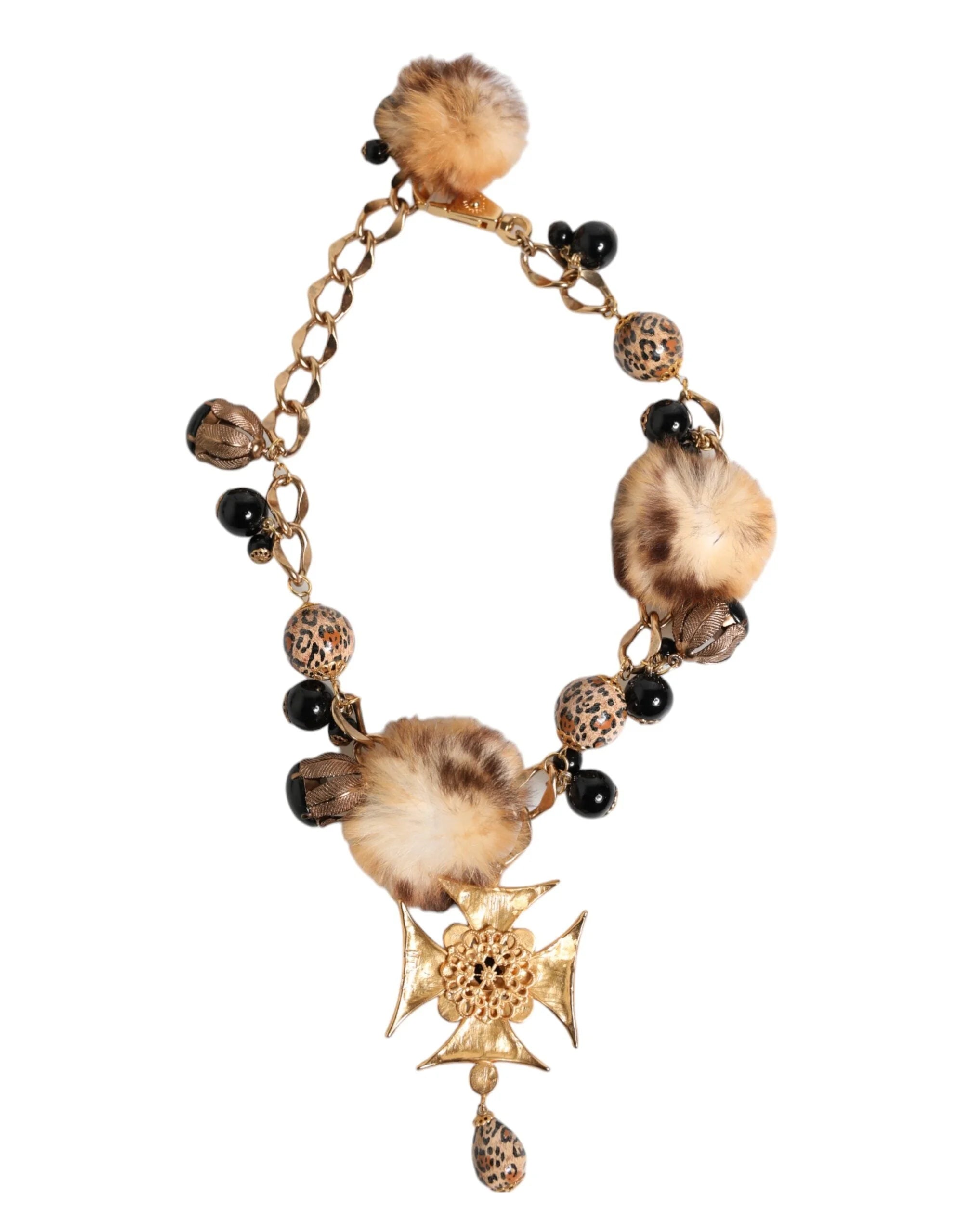 Dolce & Gabbana Gold Black Crystals Lapin Fur Filigree Choker Necklace - Necklaces