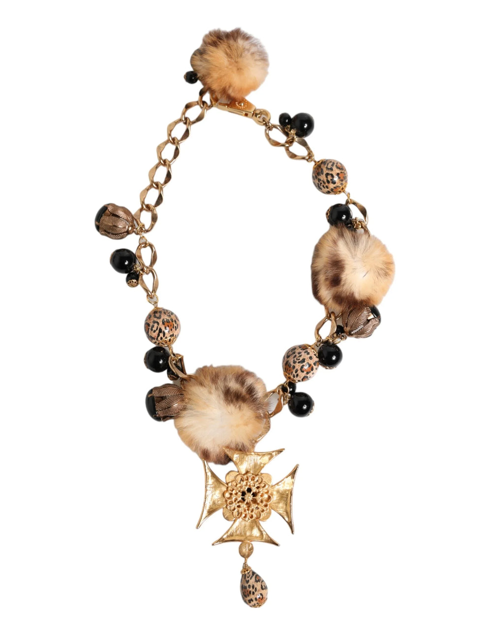 Dolce & Gabbana Gold Black Crystals Lapin Fur Filigree Choker Necklace - Necklaces