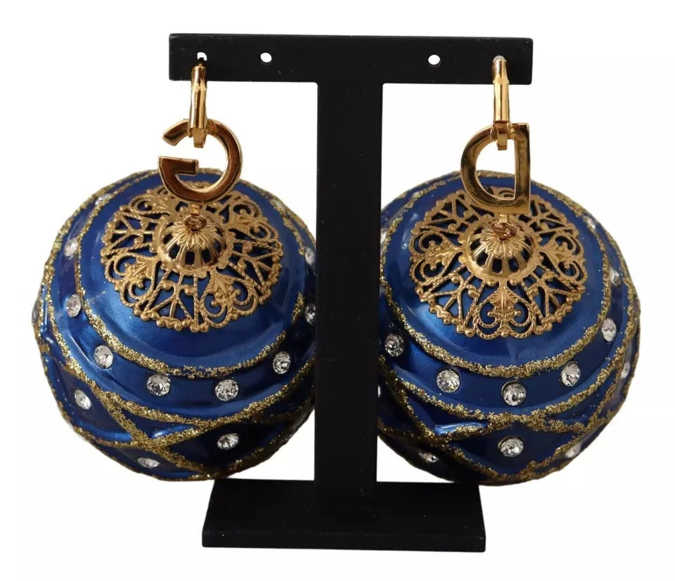 Dolce & Gabbana Gold Brass Blue Christmas Ball Crystal Hook Jewelry Earrings - Earrings