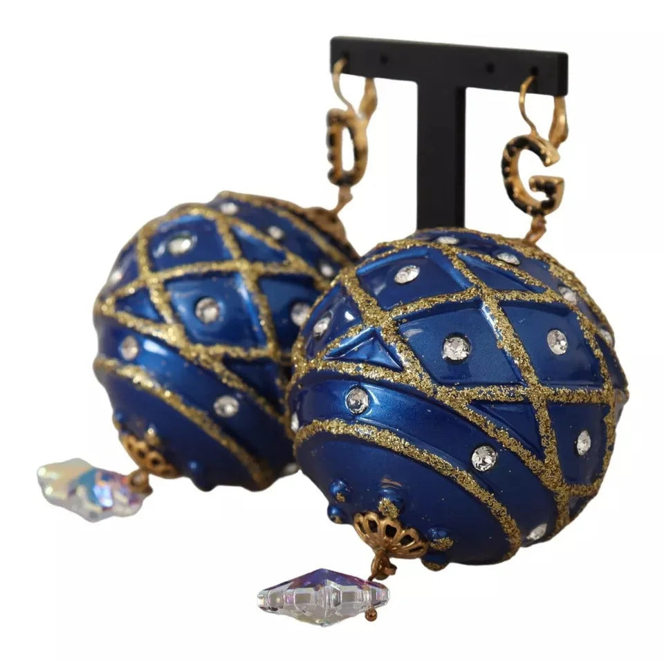 Dolce & Gabbana Gold Brass Blue Christmas Ball Crystal Hook Jewelry Earrings - Earrings