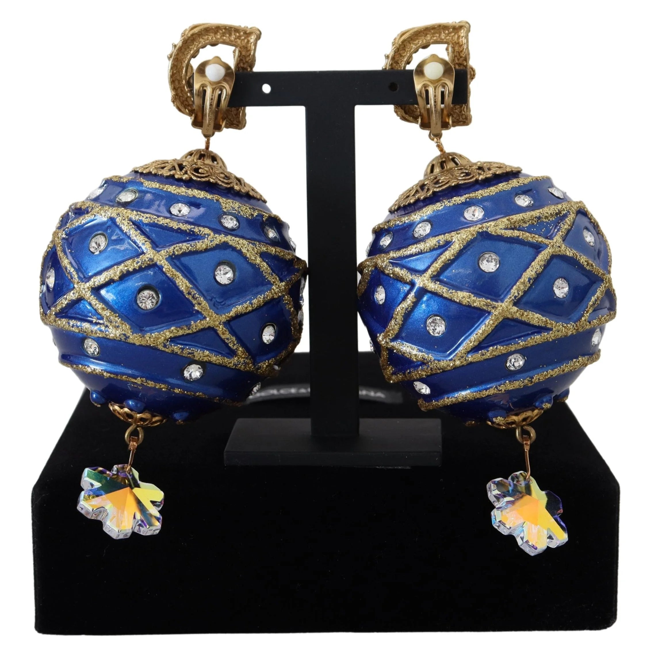 Dolce & Gabbana Gold Brass Blue Dangle Ball Crystal Clip On Earrings - Earrings