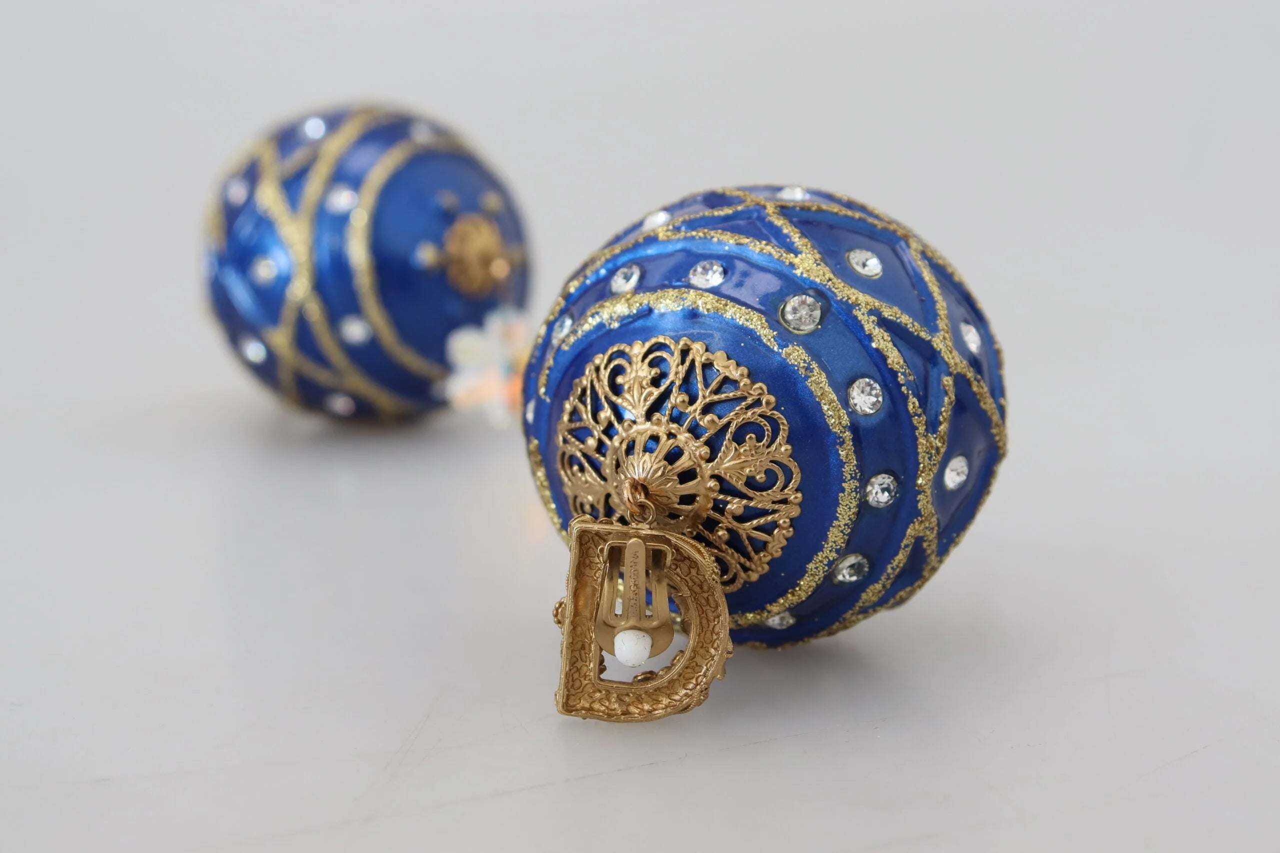 Dolce & Gabbana Gold Brass Blue Dangle Ball Crystal Clip On Earrings - Earrings