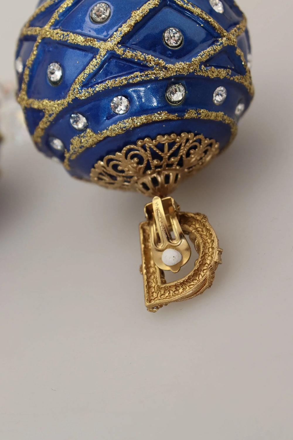 Dolce & Gabbana Gold Brass Blue Dangle Ball Crystal Clip On Earrings - Earrings