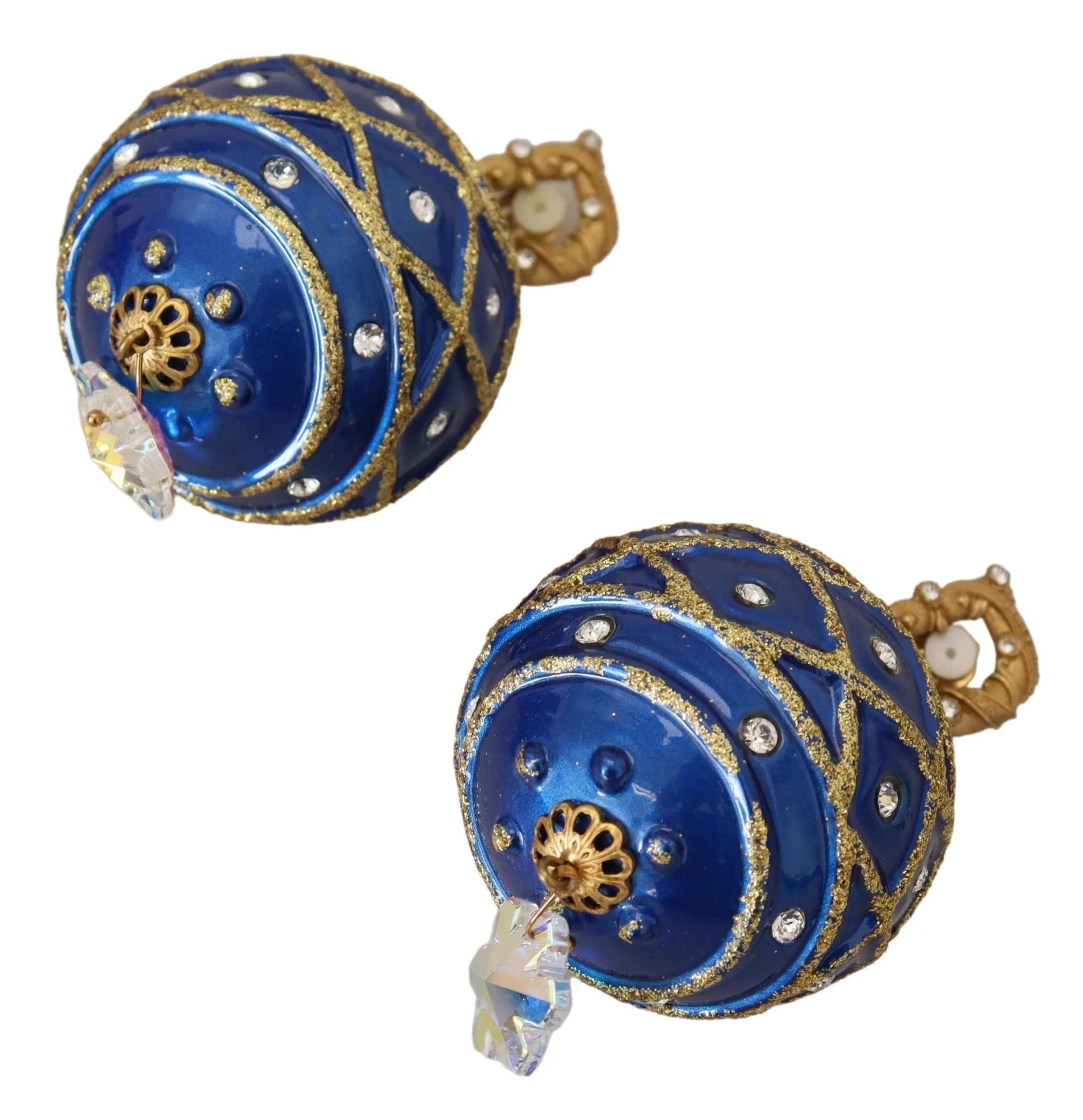 Dolce & Gabbana Gold Brass Blue Dangle Ball Crystal Clip On Earrings - Earrings