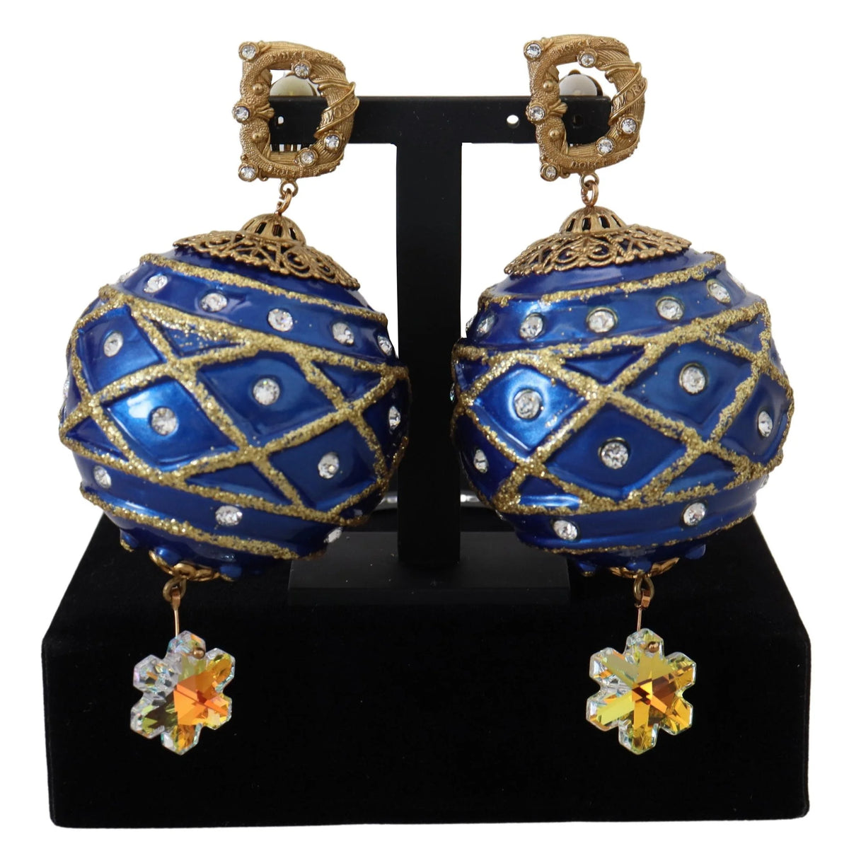 Dolce & Gabbana Gold Brass Blue Dangle Ball Crystal Clip On Earrings - Earrings