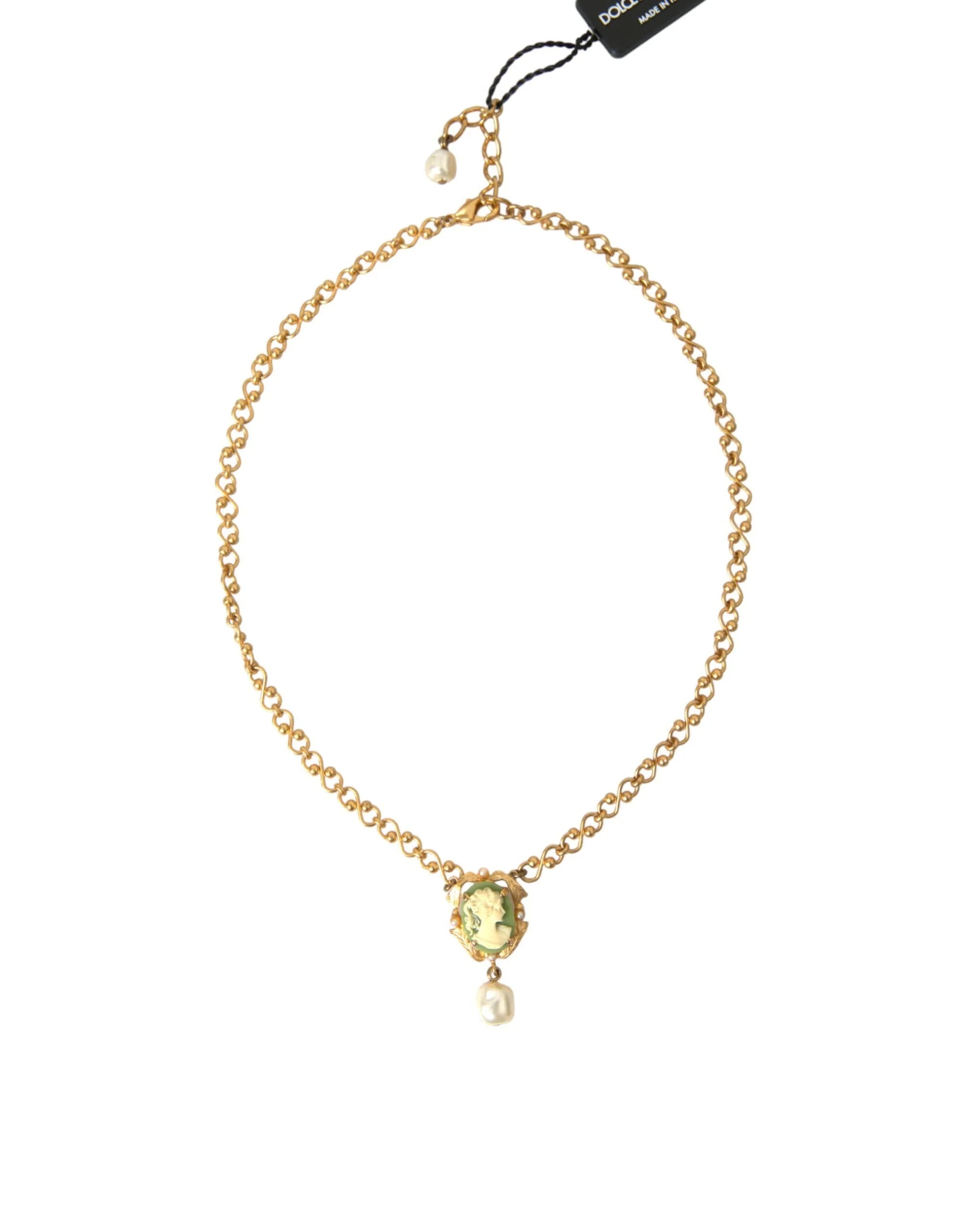 Dolce & Gabbana Gold Brass Chain Pearl Pendant Charm Necklace - Necklaces