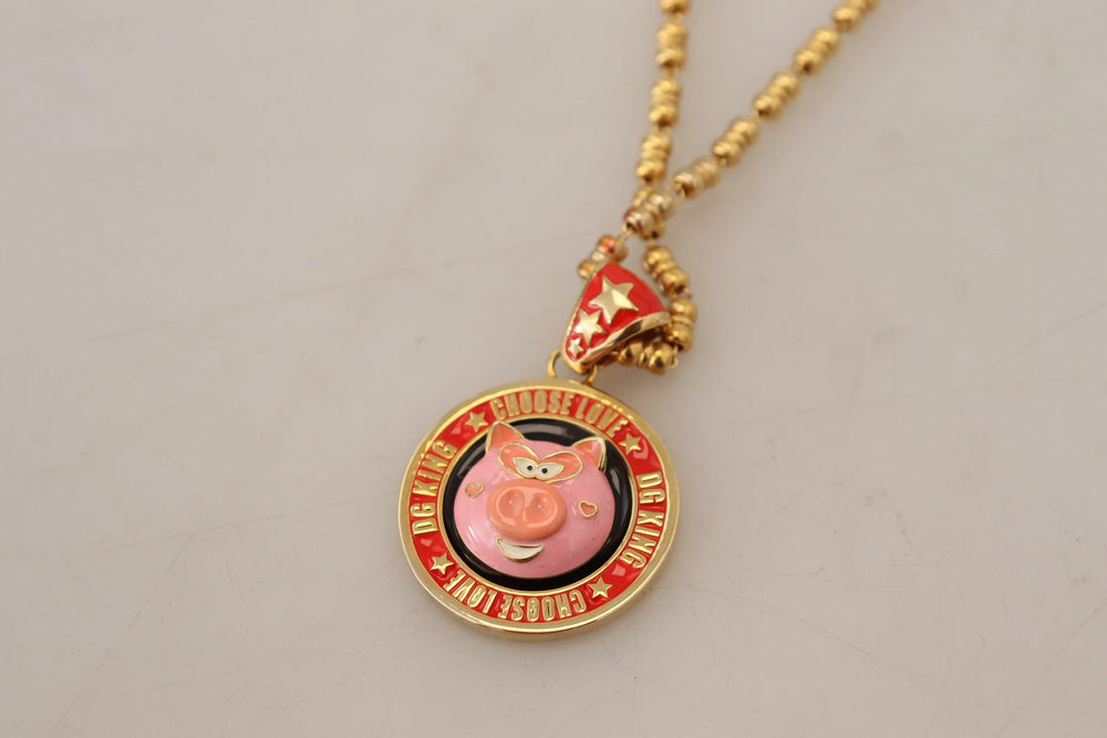 Dolce & Gabbana Gold Brass Chain SUPER PIG Pendant Logo Necklace - Necklaces