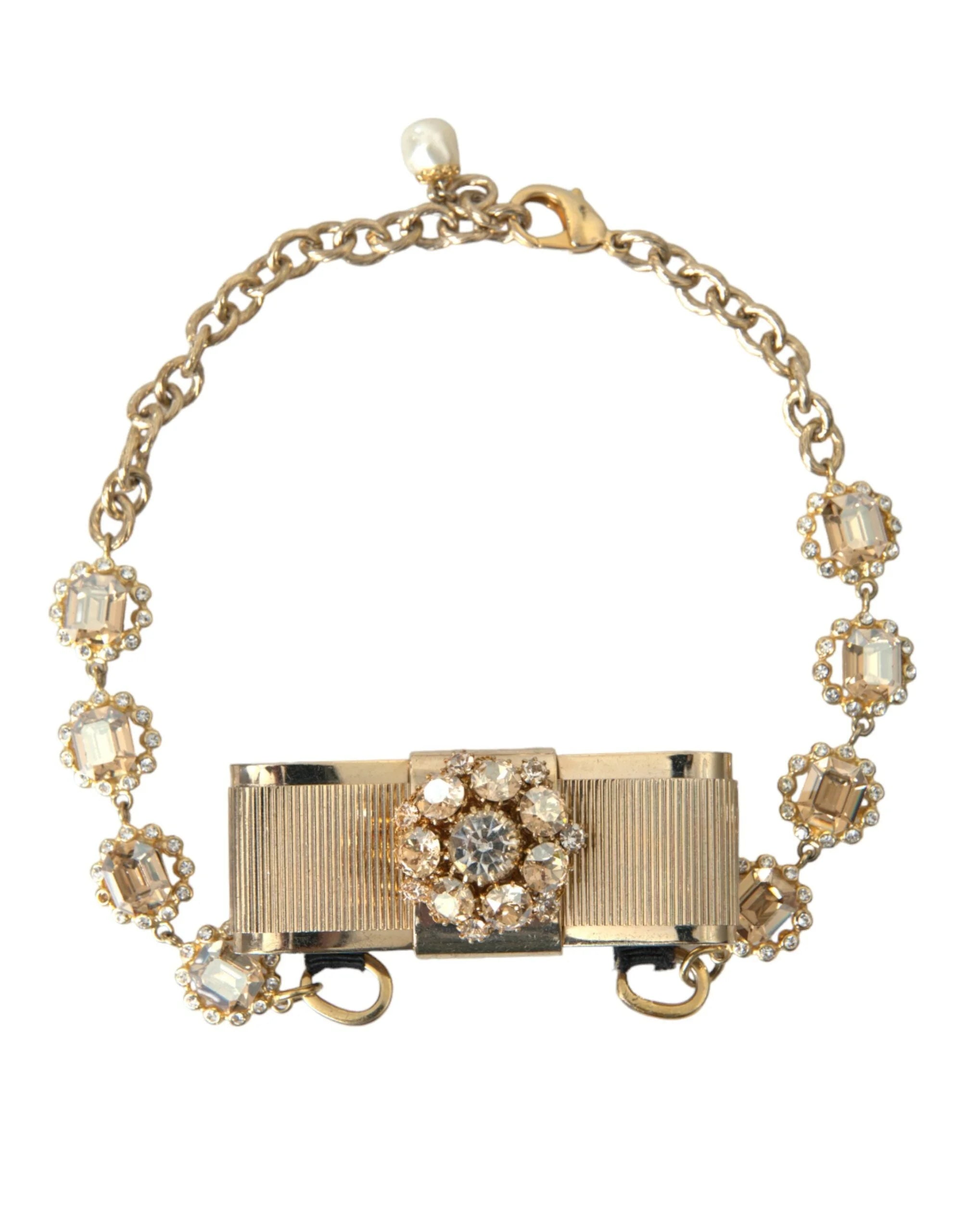 Dolce & Gabbana Gold Brass Clear Crystal Bow Chain Choker Necklace - Necklaces
