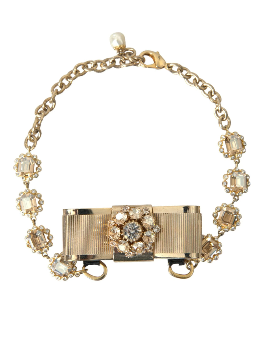 Dolce & Gabbana Gold Brass Clear Crystal Bow Chain Choker Necklace - Necklaces