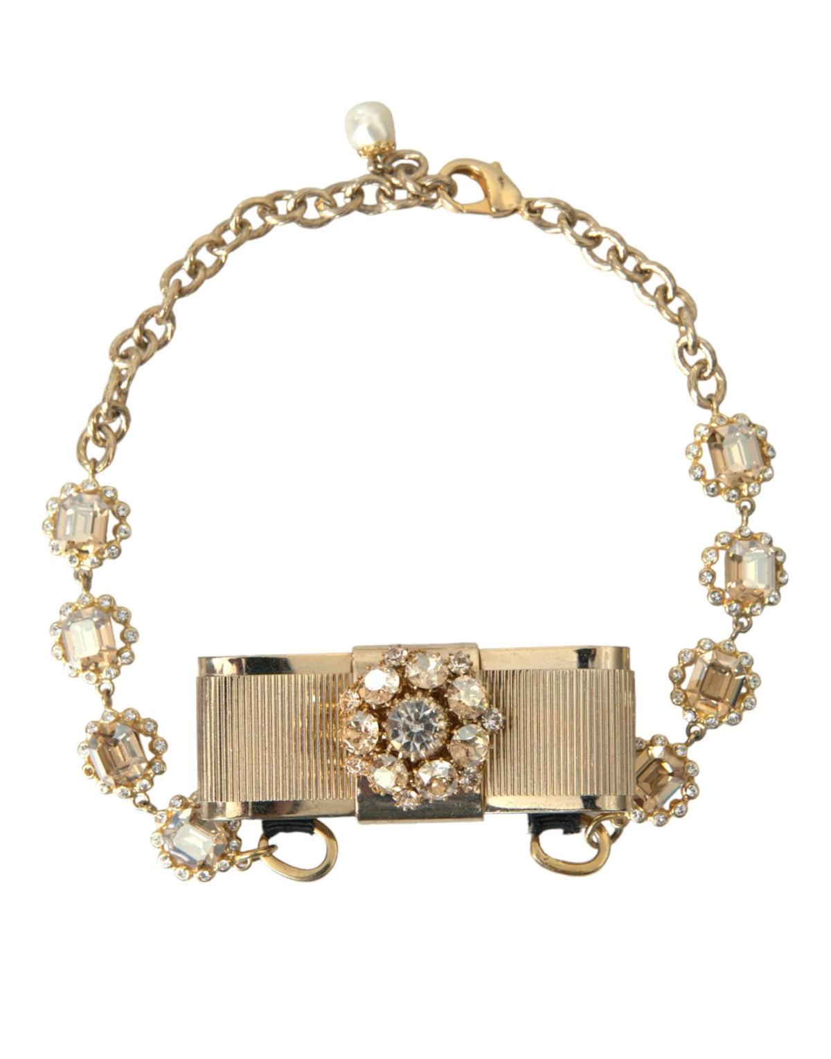 Dolce & Gabbana Gold Brass Clear Crystal Bow Chain Choker Necklace - Necklaces