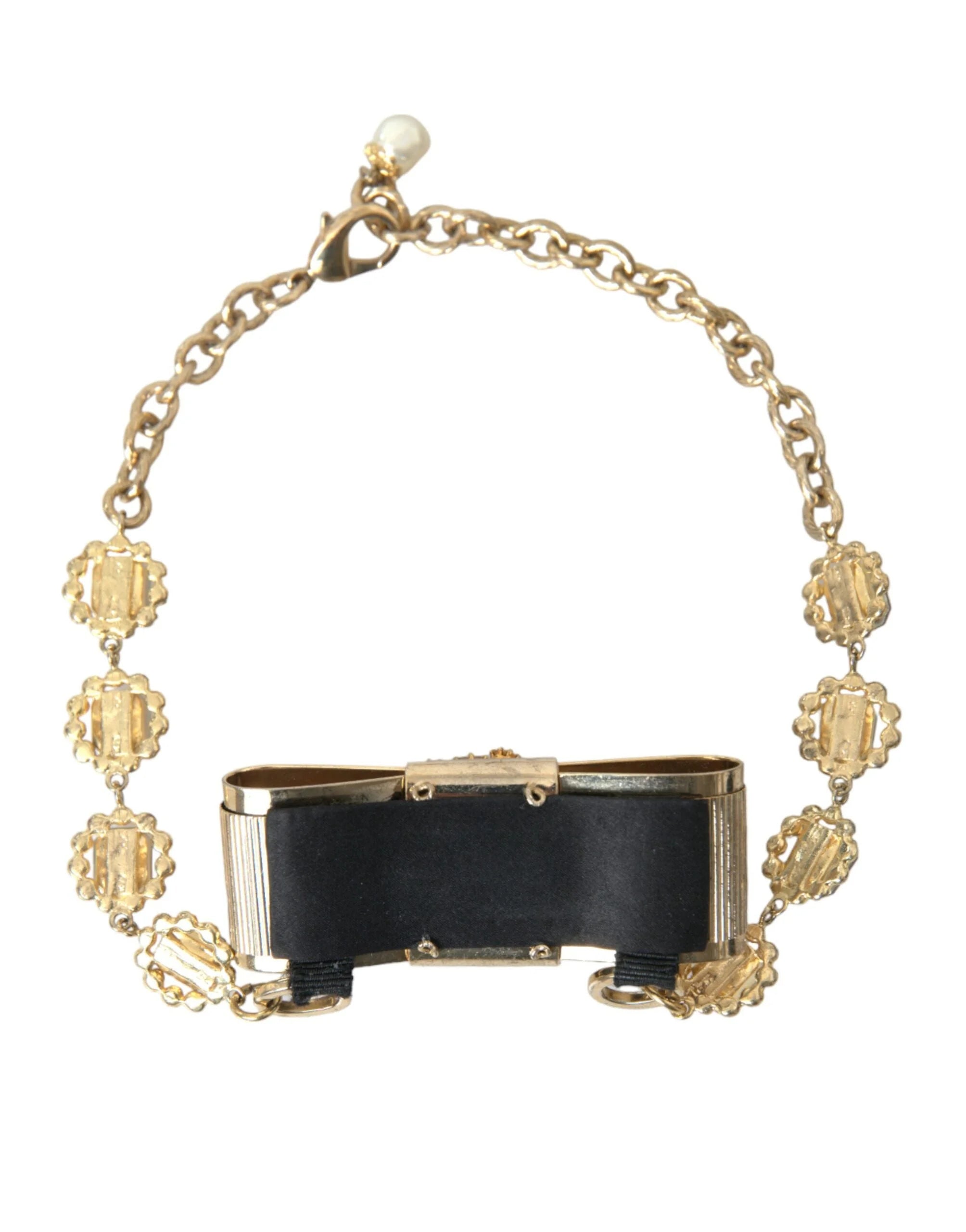 Dolce & Gabbana Gold Brass Clear Crystal Bow Chain Choker Necklace - Necklaces