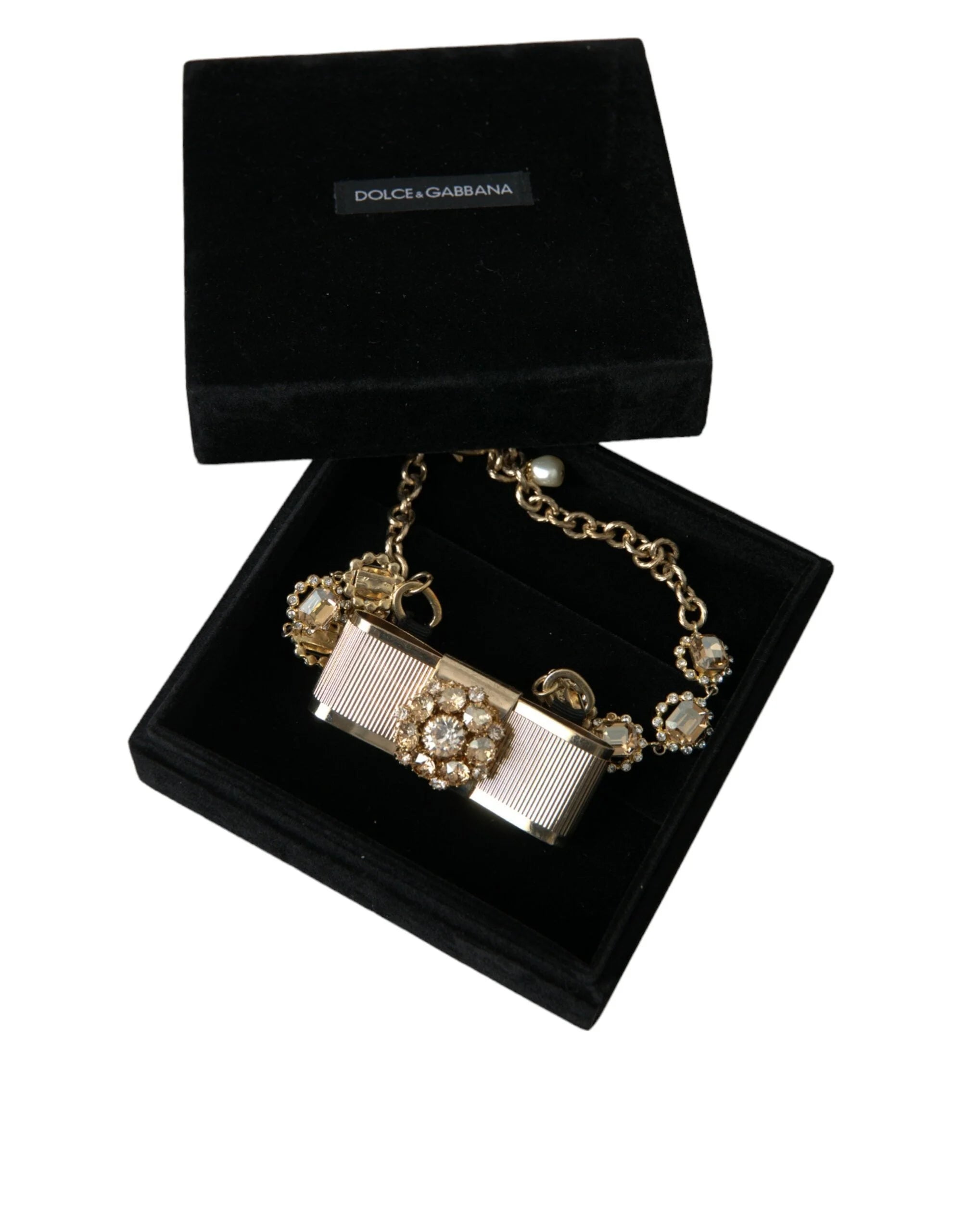 Dolce & Gabbana Gold Brass Clear Crystal Bow Chain Choker Necklace - Necklaces