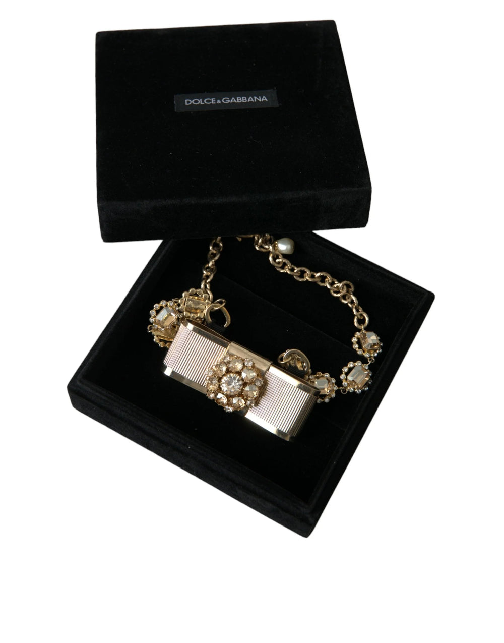 Dolce & Gabbana Gold Brass Clear Crystal Bow Chain Choker Necklace - Necklaces