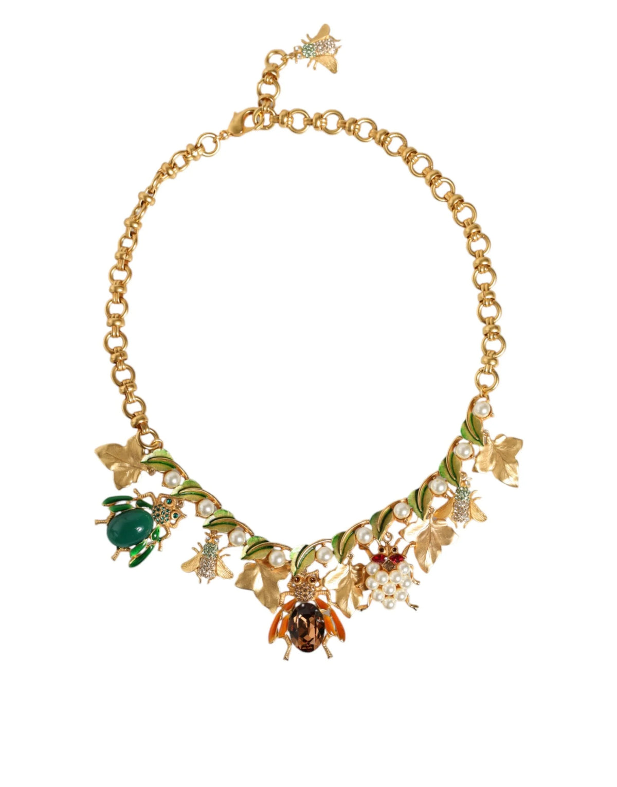 Dolce & Gabbana Gold Brass Crystal Bug Charm Pendant Statement Necklace - Necklaces