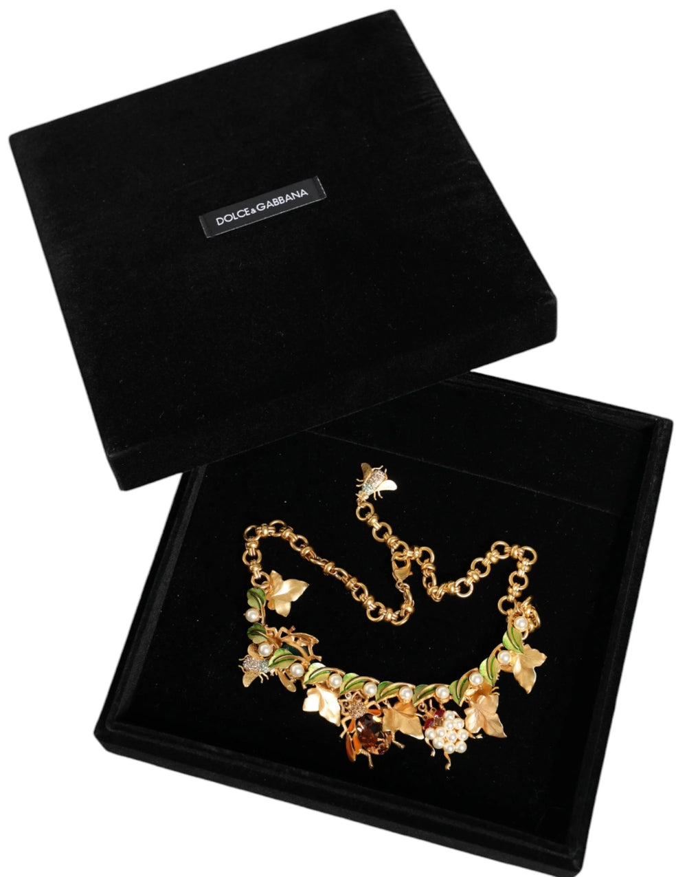 Dolce & Gabbana Gold Brass Crystal Bug Charm Pendant Statement Necklace - Necklaces