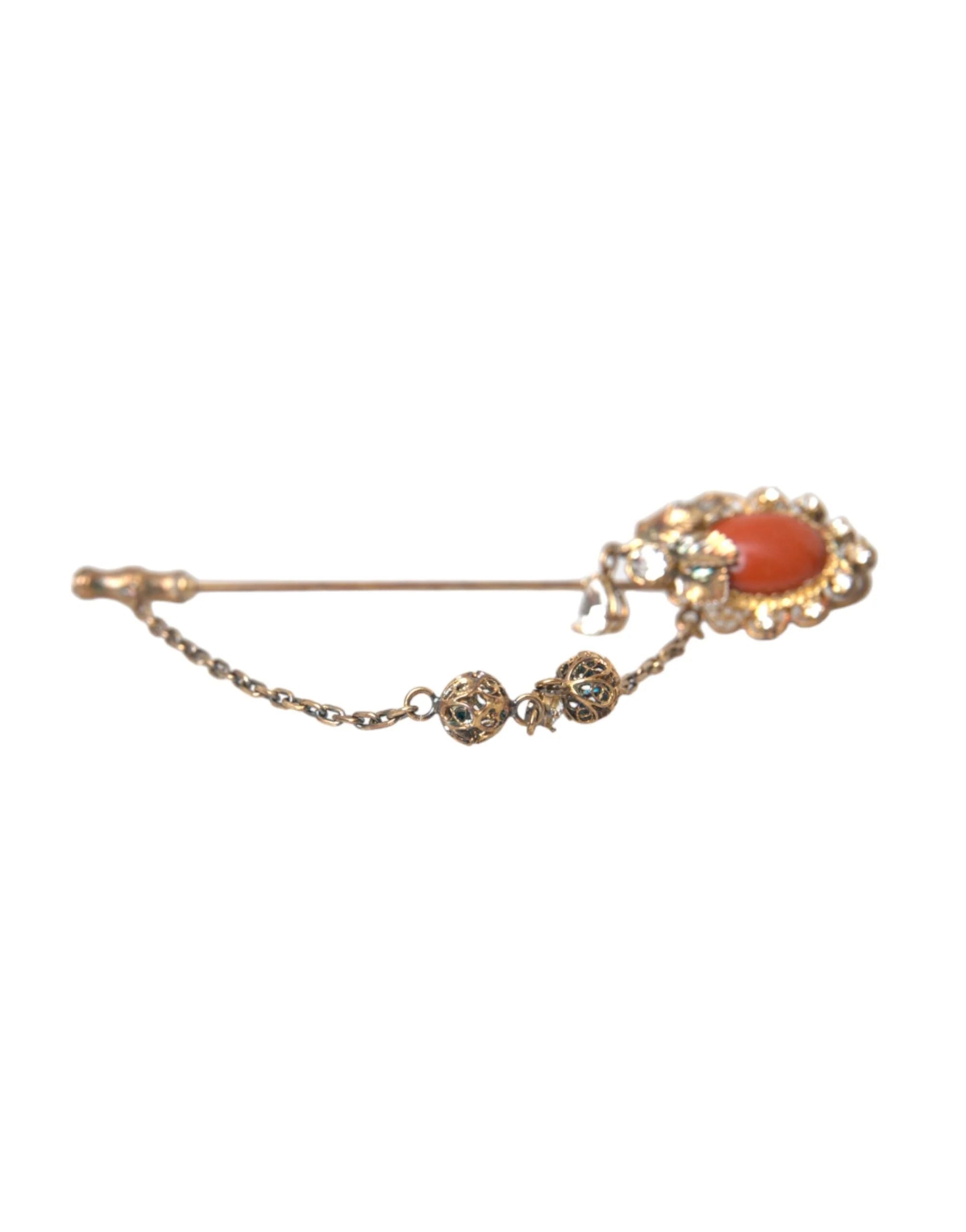 Dolce & Gabbana Gold Brass Crystal Chain 925 Sterling Silver Pin Brooch - Brooches & Lapel Pins