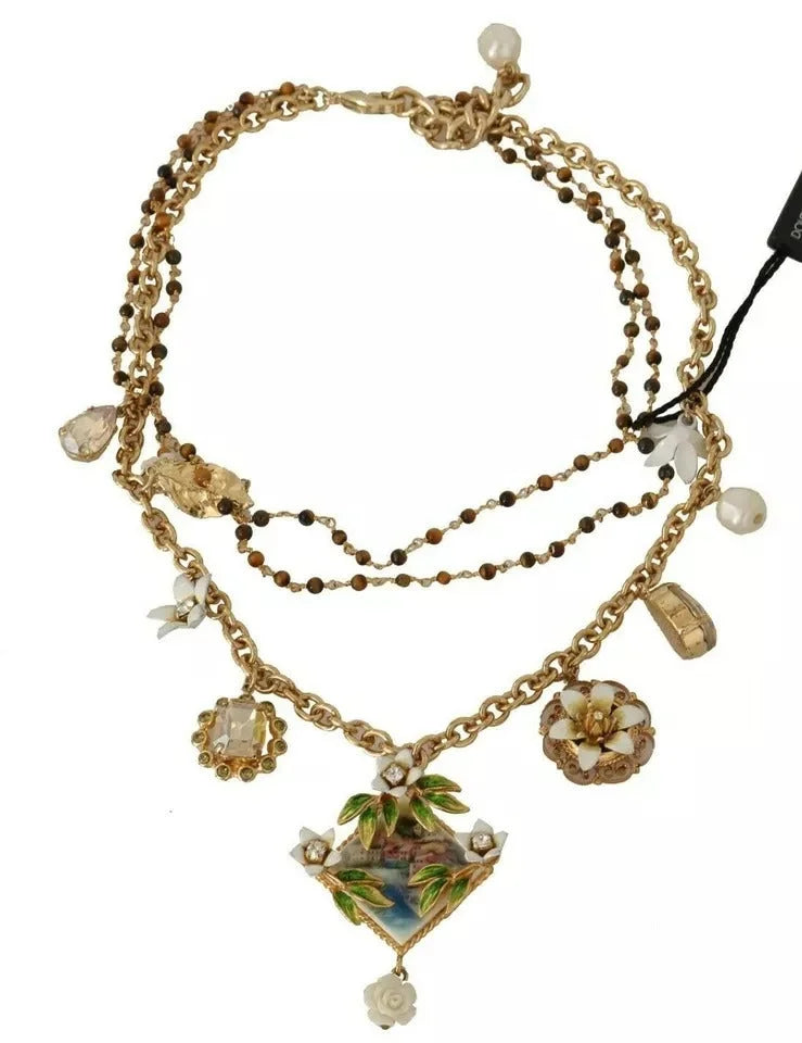 Dolce & Gabbana Gold Brass Crystal Floral Statement Charms Necklace - Necklaces