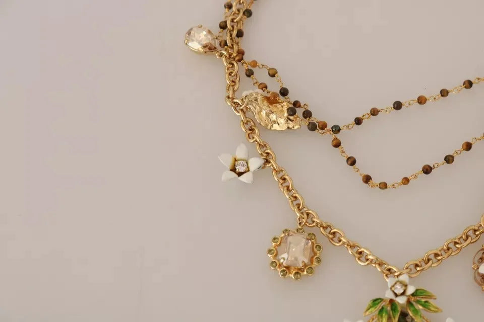 Dolce & Gabbana Gold Brass Crystal Floral Statement Charms Necklace - Necklaces
