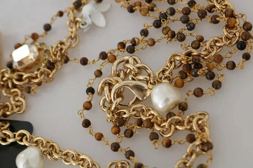 Dolce & Gabbana Gold Brass Crystal Floral Statement Charms Necklace