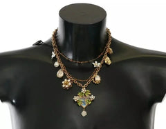 Dolce & Gabbana Gold Brass Crystal Floral Statement Charms Necklace - Necklaces
